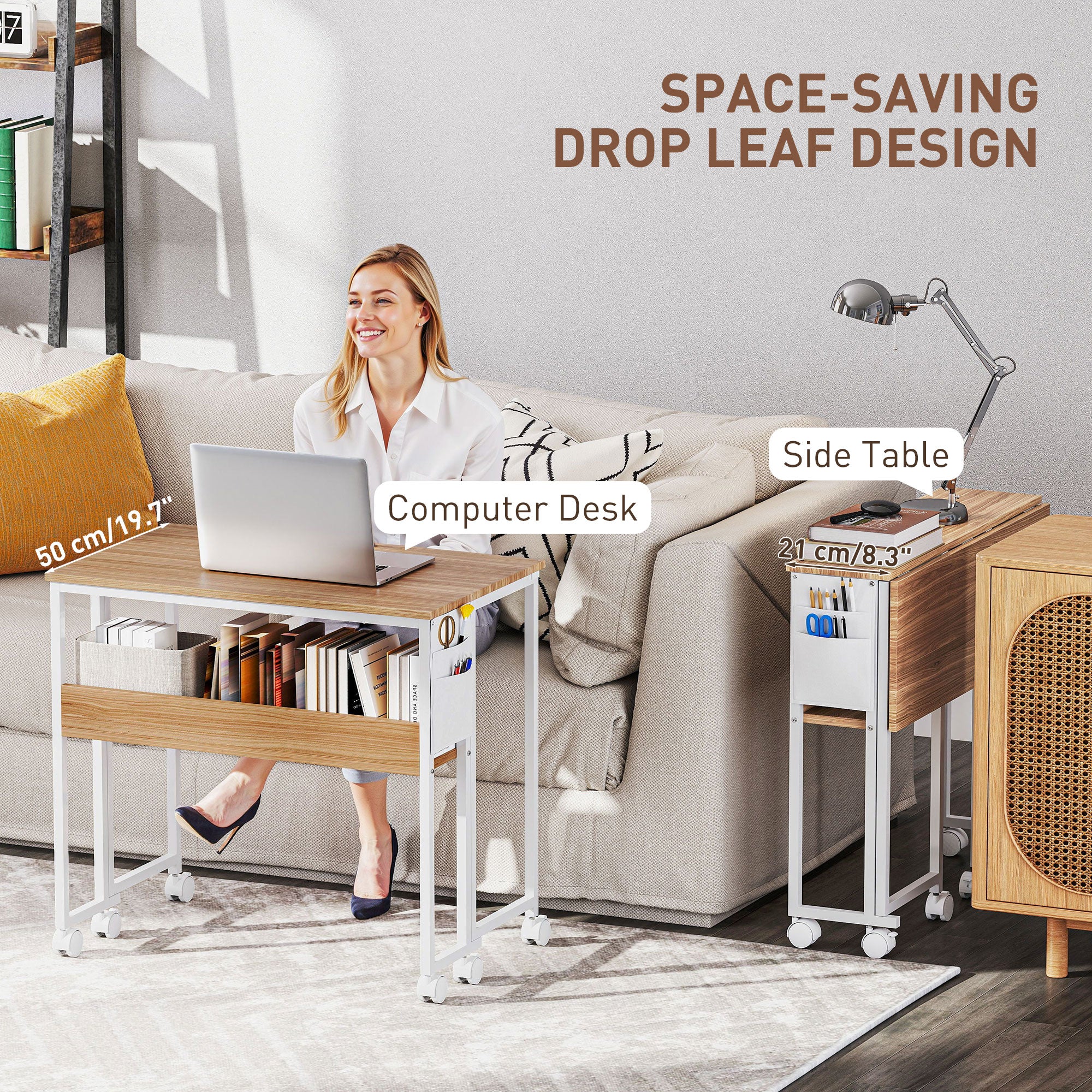 HOMCOM Small Folding Desk, 31.5" Foldable Computer Desk with Storage Bag and Shelf, Space Saving Portable Writing Table on Wheels for Small Spaces, Home Office, Study, Easy Assembly, Natural Wood