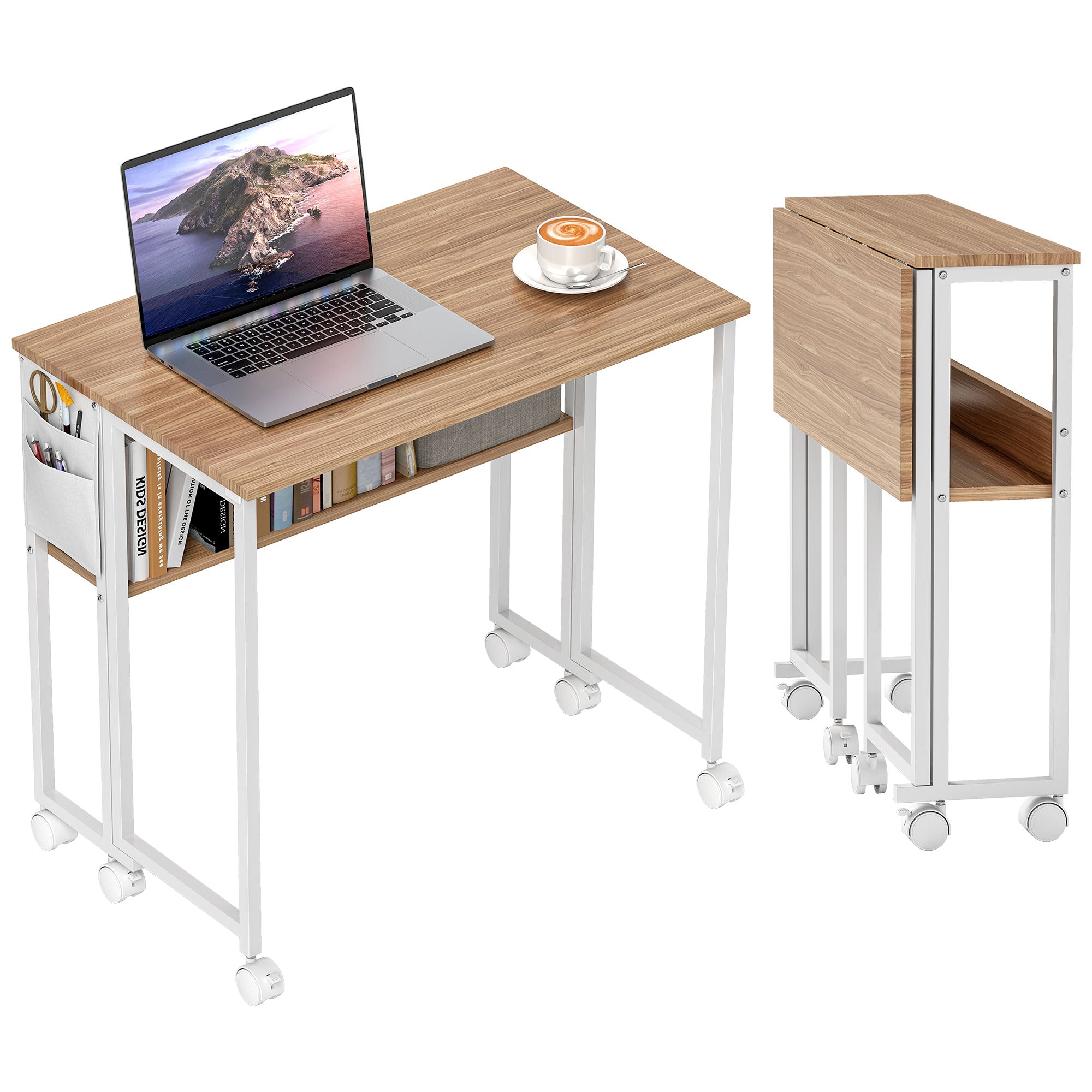 HOMCOM Small Folding Desk, 31.5" Foldable Computer Desk with Storage Bag and Shelf, Space Saving Portable Writing Table on Wheels for Small Spaces, Home Office, Study, Easy Assembly, Natural Wood