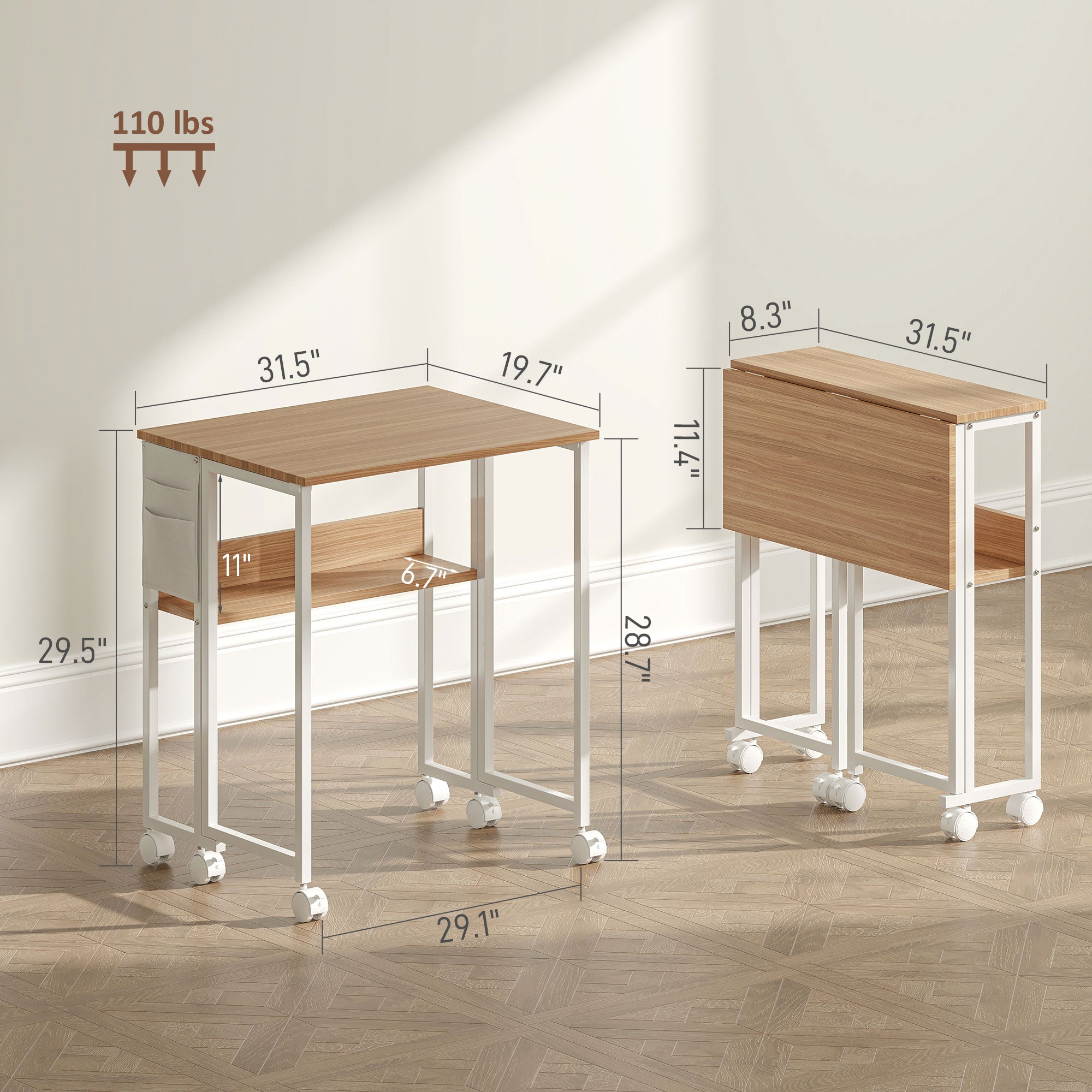 HOMCOM Small Folding Desk, 31.5" Foldable Computer Desk with Storage Bag and Shelf, Space Saving Portable Writing Table on Wheels for Small Spaces, Home Office, Study, Easy Assembly, Natural Wood