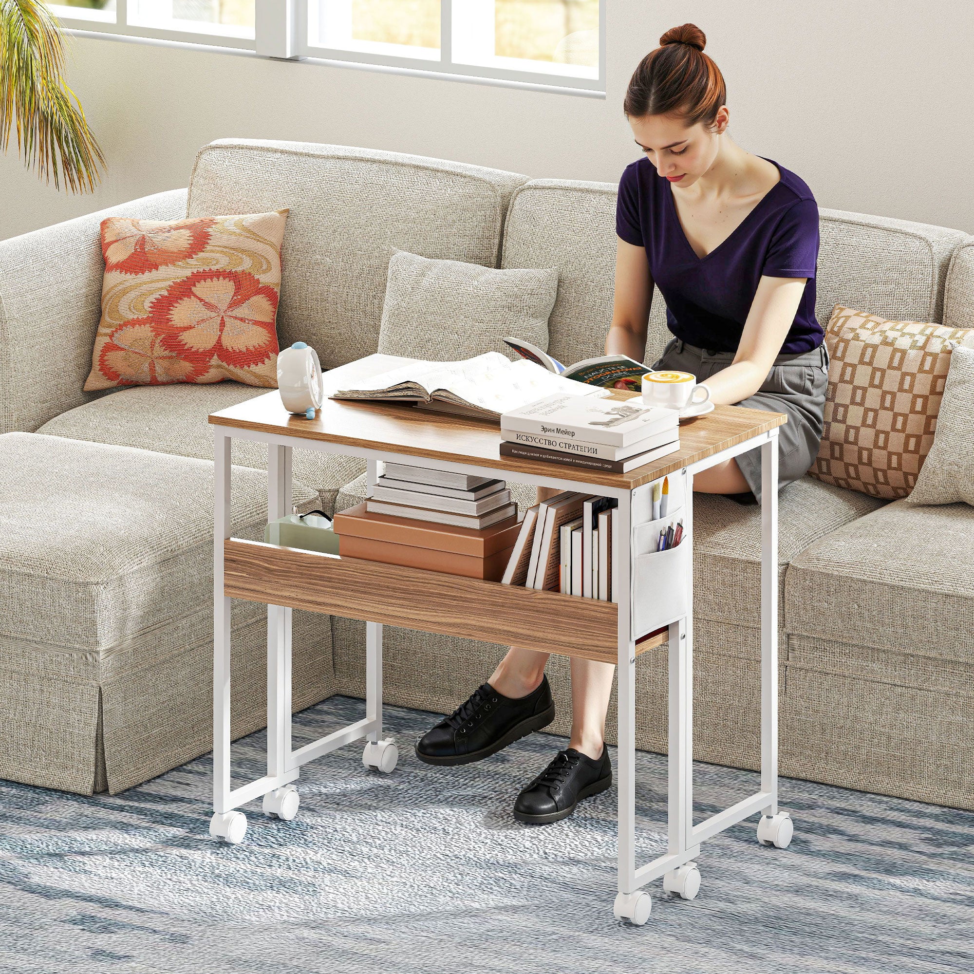 HOMCOM Small Folding Desk, 31.5" Foldable Computer Desk with Storage Bag and Shelf, Space Saving Portable Writing Table on Wheels for Small Spaces, Home Office, Study, Easy Assembly, Natural Wood