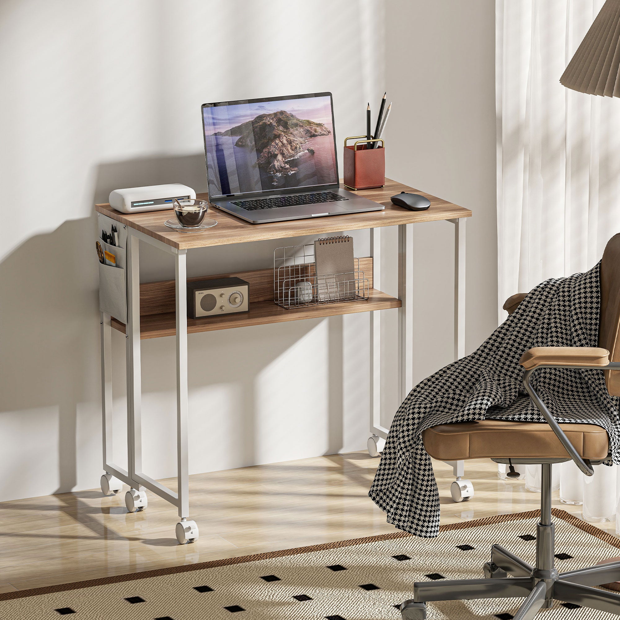 HOMCOM Small Folding Desk, 31.5" Foldable Computer Desk with Storage Bag and Shelf, Space Saving Portable Writing Table on Wheels for Small Spaces, Home Office, Study, Easy Assembly, Natural Wood