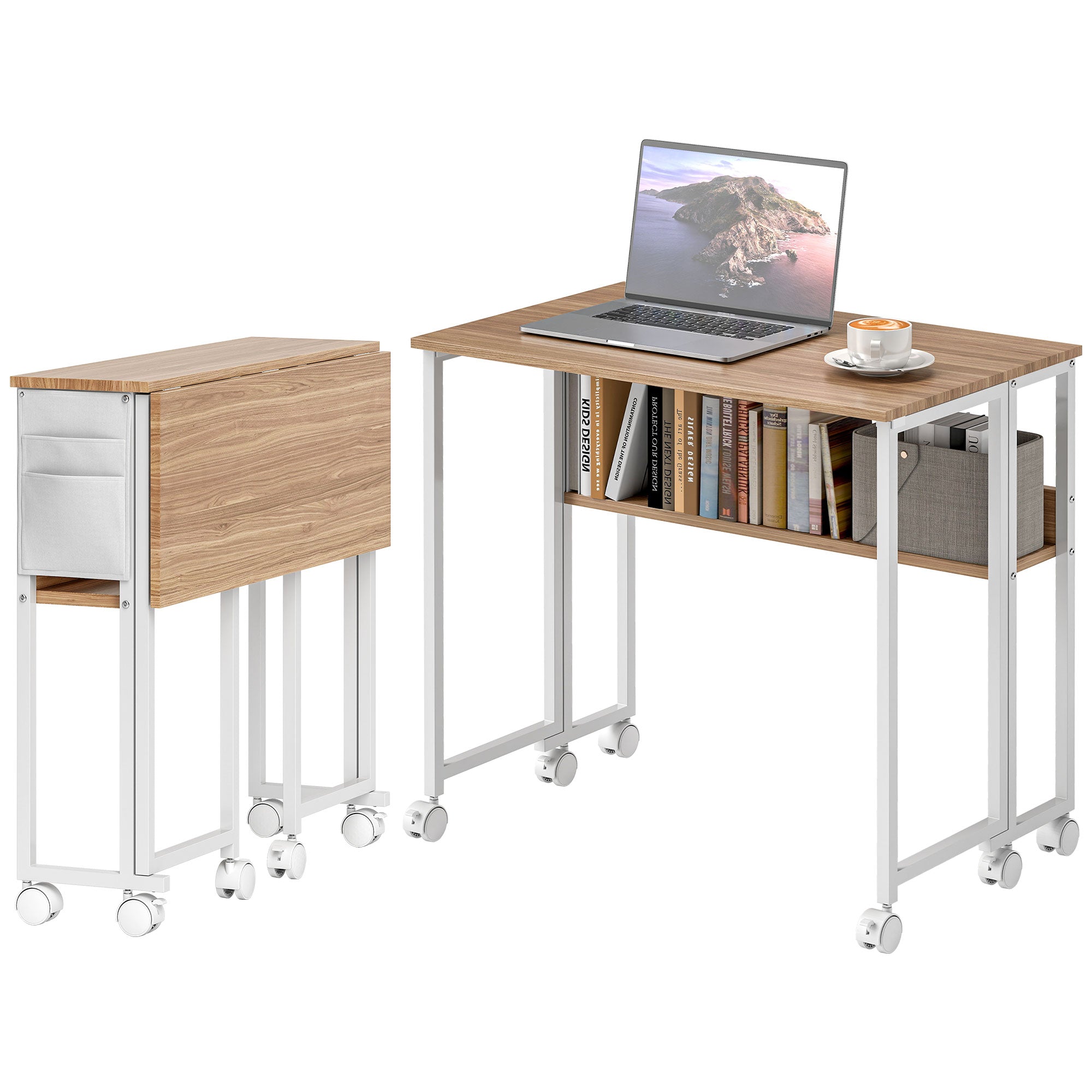 HOMCOM Small Folding Desk, 31.5" Foldable Computer Desk with Storage Bag and Shelf, Space Saving Portable Writing Table on Wheels for Small Spaces, Home Office, Study, Easy Assembly, Natural Wood