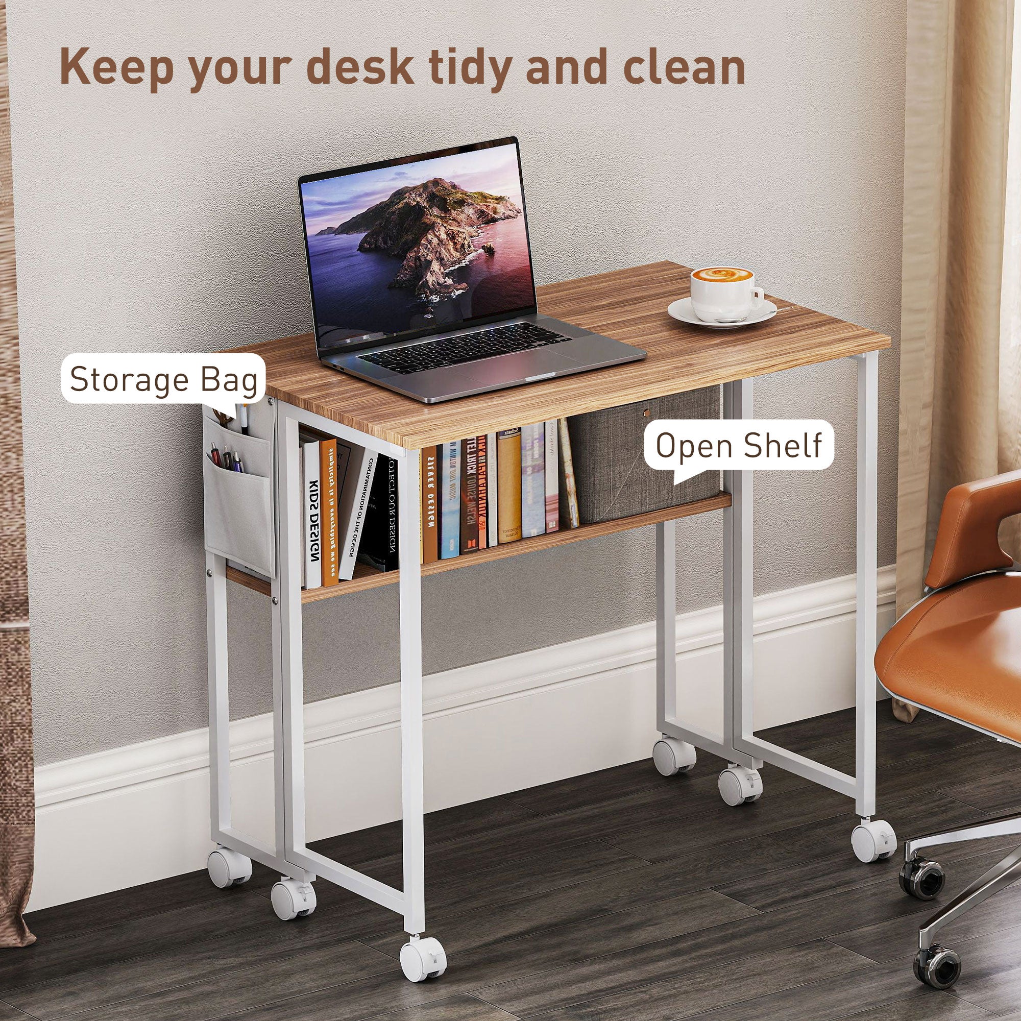 HOMCOM Small Folding Desk, 31.5" Foldable Computer Desk with Storage Bag and Shelf, Space Saving Portable Writing Table on Wheels for Small Spaces, Home Office, Study, Easy Assembly, Natural Wood