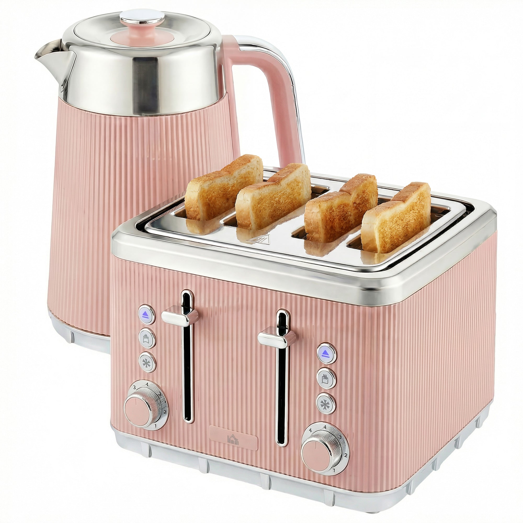 Electric Stainless Steel Kettle and Toaster Set, 3000W 1.7L UK Strix Thermostat Fast Boil Kettle w/ Limescale Filter, Cool Touch Body, 4 Slice Toaster with 7 Browning Levels, Crumb Tray, Pink