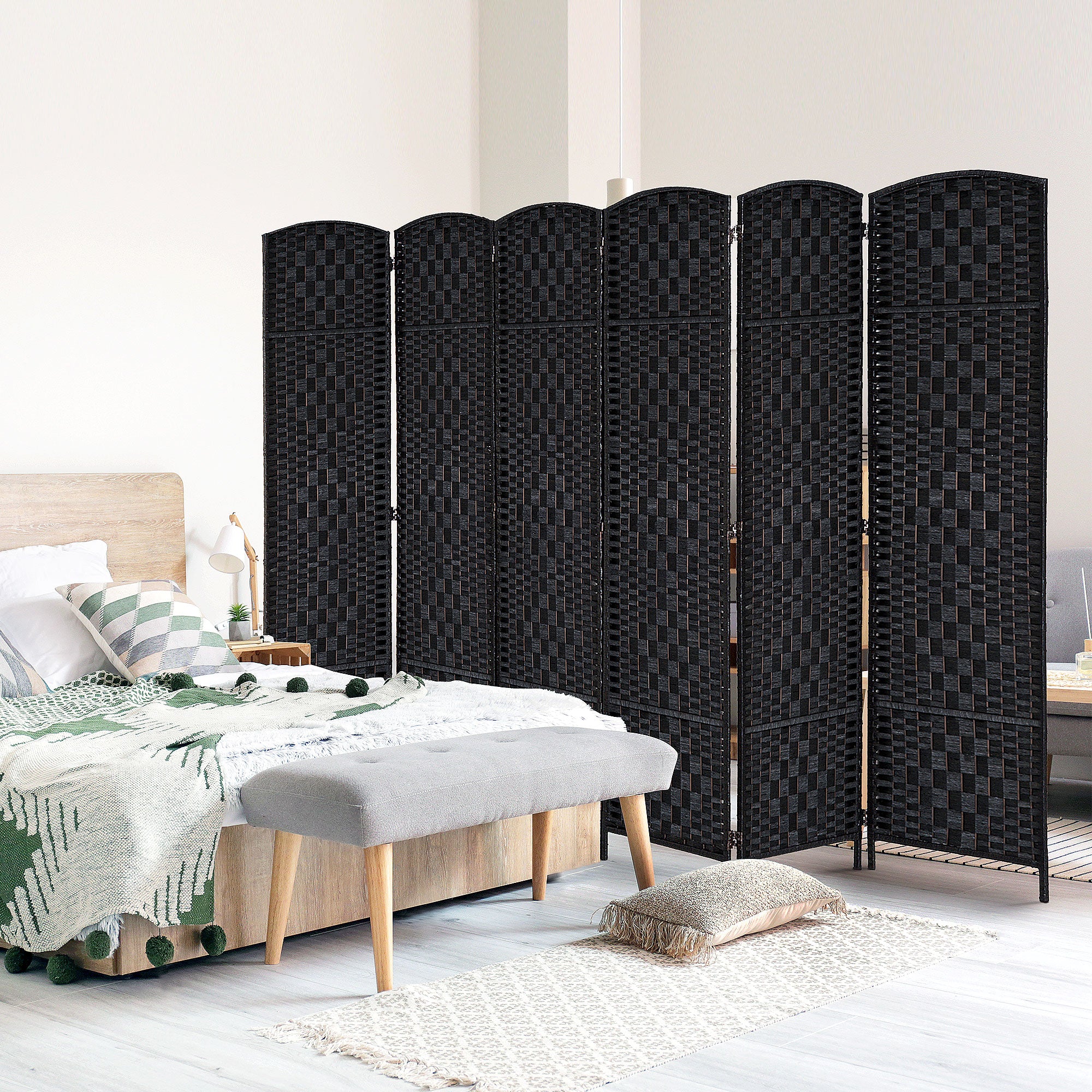 HOMCOM 6 Panels Room Divider, 6 Ft Tall Indoor Portable Folding Privacy Screens, Hand-Woven Double Hinged Freestanding Partition Wall Divider for Home Office, Black
