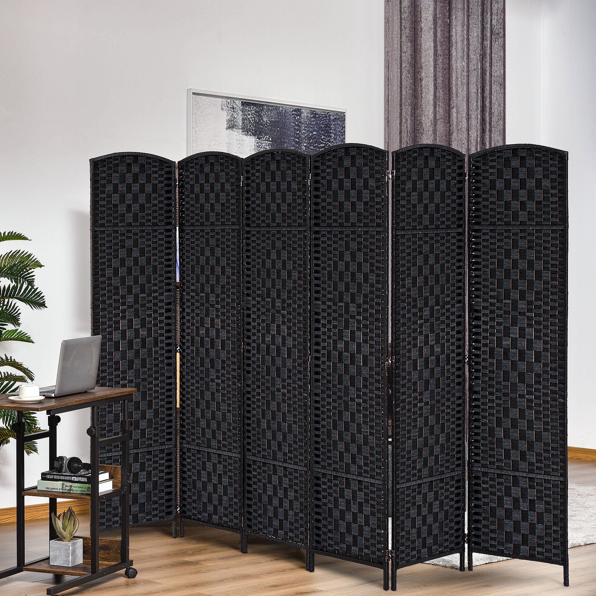 HOMCOM 6 Panels Room Divider, 6 Ft Tall Indoor Portable Folding Privacy Screens, Hand-Woven Double Hinged Freestanding Partition Wall Divider for Home Office, Black