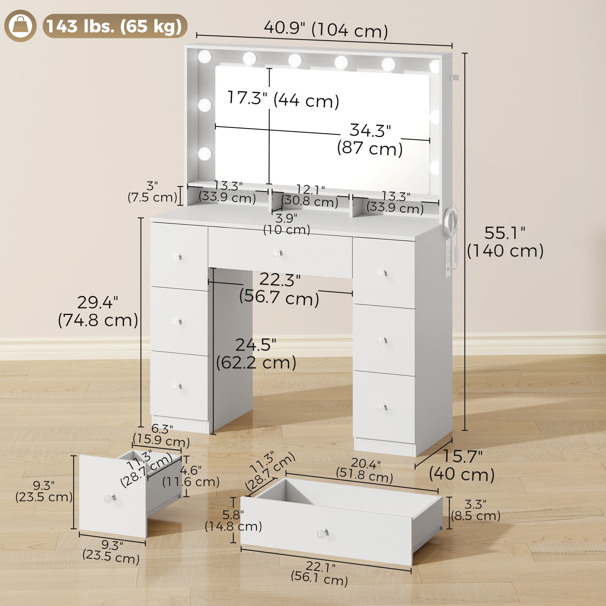 Vanity Desk with 10 Hollywood LED Lights, 3 Colours and Mirror, Makeup Vanity with Charging Station, Dressing Table with 7 Drawers for Bedroom, White