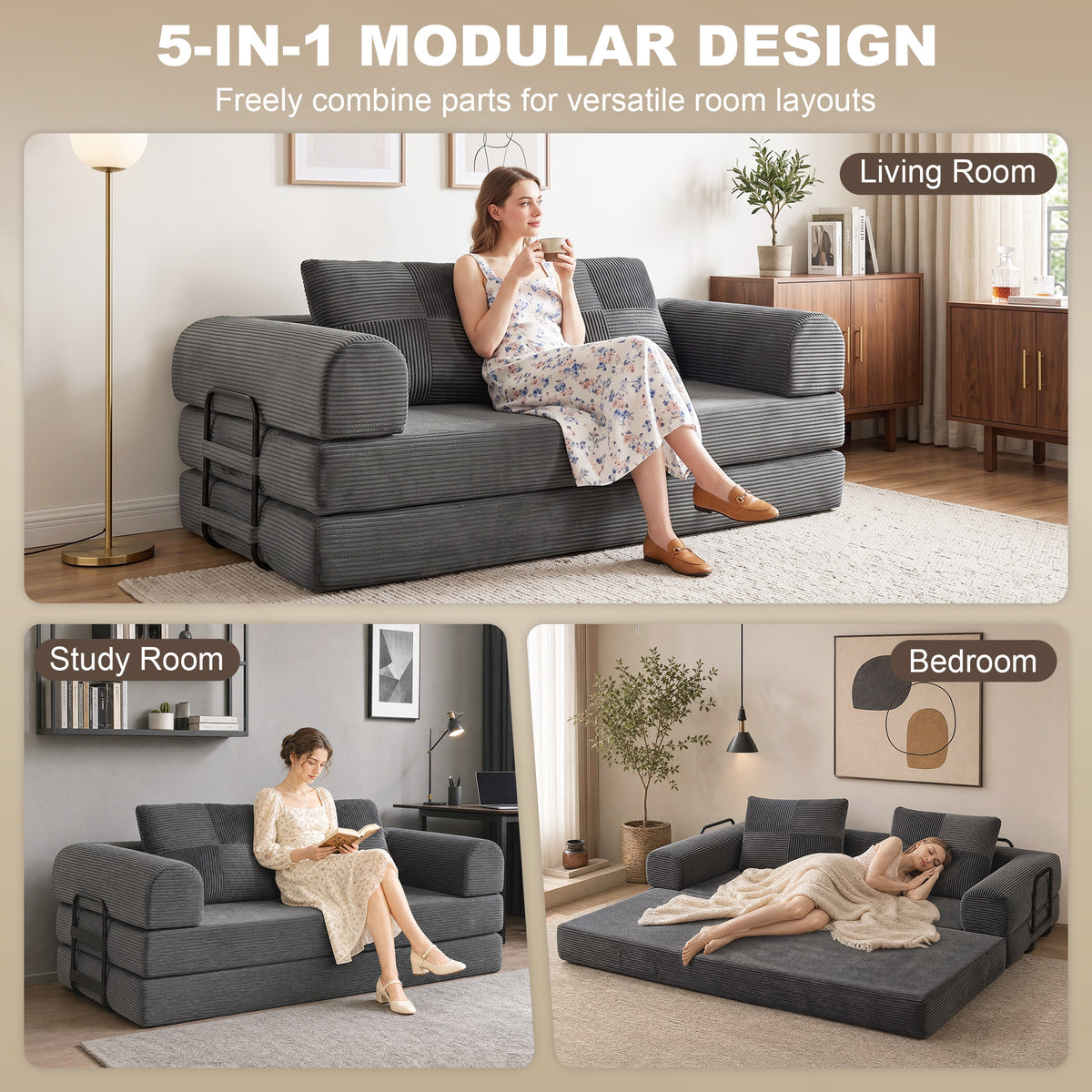 5-in-1 Convertible Sofa Bed, 78.7" Folding Boneless Futon Couch with Fixed-Shape Frame & 2 Pillows, Floor Sofa Loveseat Sleeper for Living Room, Bedroom, Dark Grey
