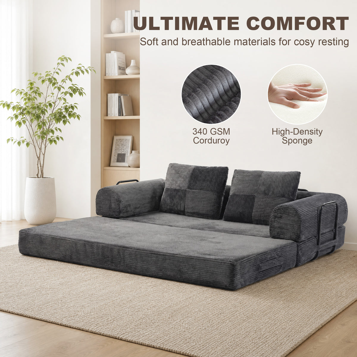5-in-1 Convertible Sofa Bed, 78.7" Folding Boneless Futon Couch with Fixed-Shape Frame & 2 Pillows, Floor Sofa Loveseat Sleeper for Living Room, Bedroom, Dark Grey