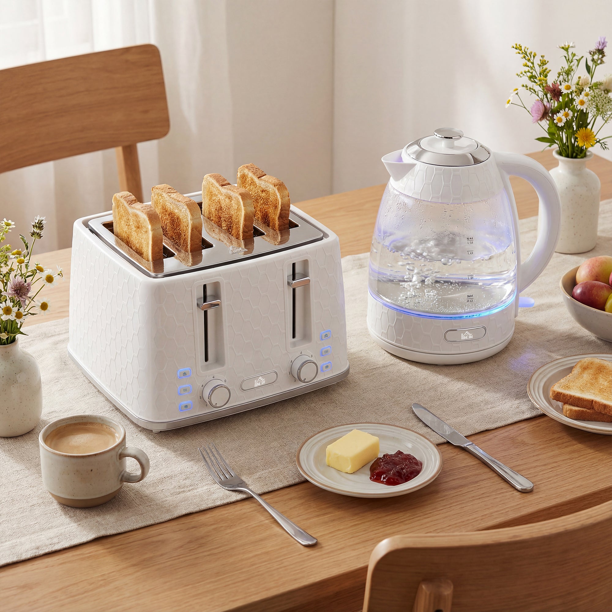 Kettle and Toaster Set, 1.7L 3000W Rapid Boil Jug Kettle with Strix Thermostat, Limescale Filter, 4 Slice Toaster with 7 Browning Controls, Crumb Tray, Cream