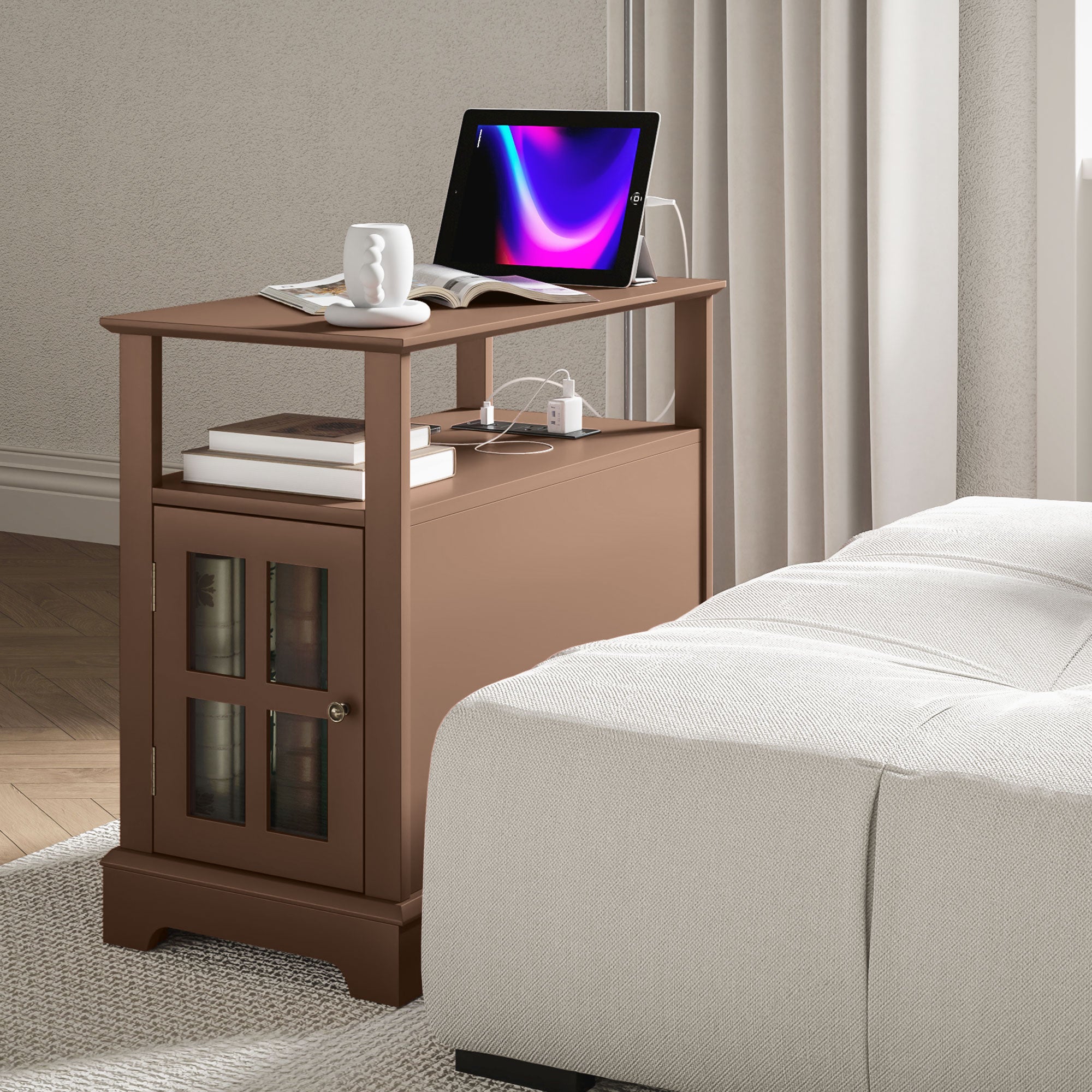 Narrow Side Table w/ Charging Station & USB Ports, End Table with Storage, Brown