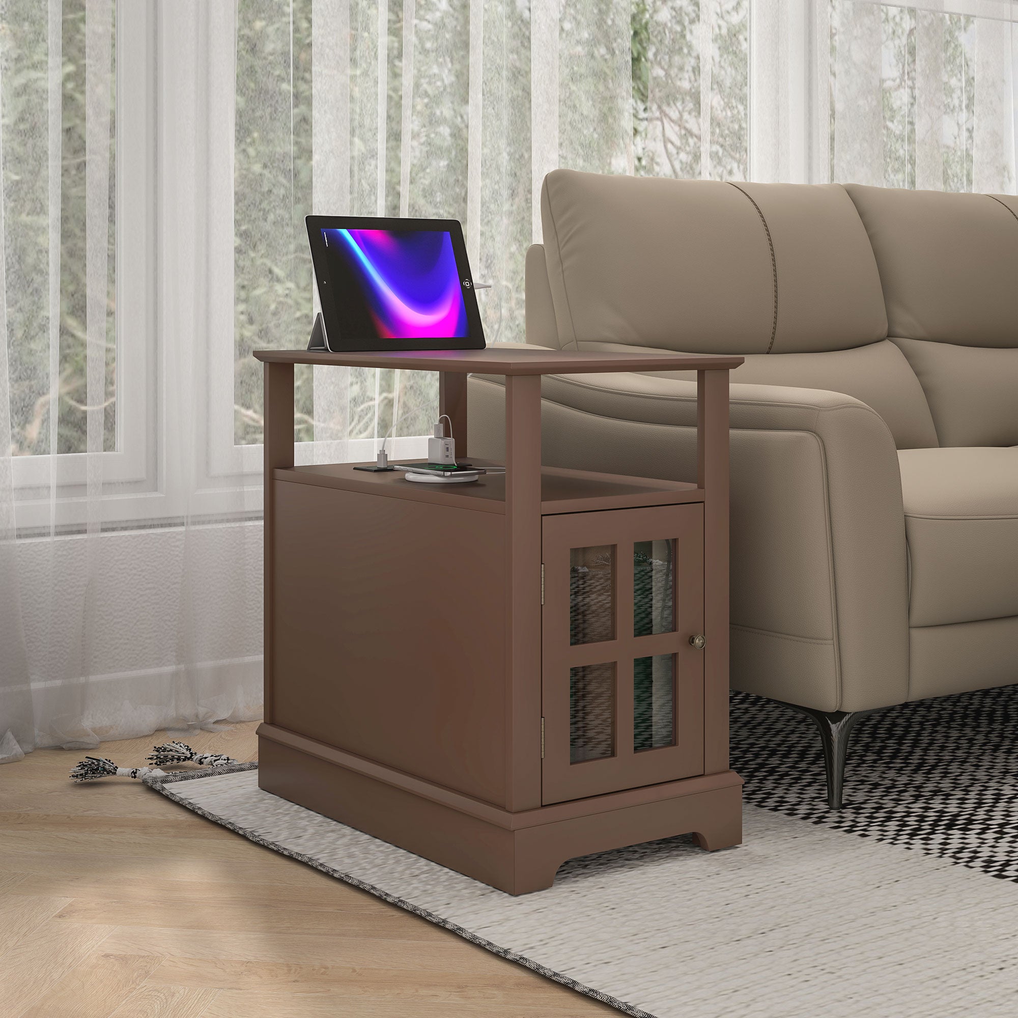 Narrow Side Table w/ Charging Station & USB Ports, End Table with Storage, Brown