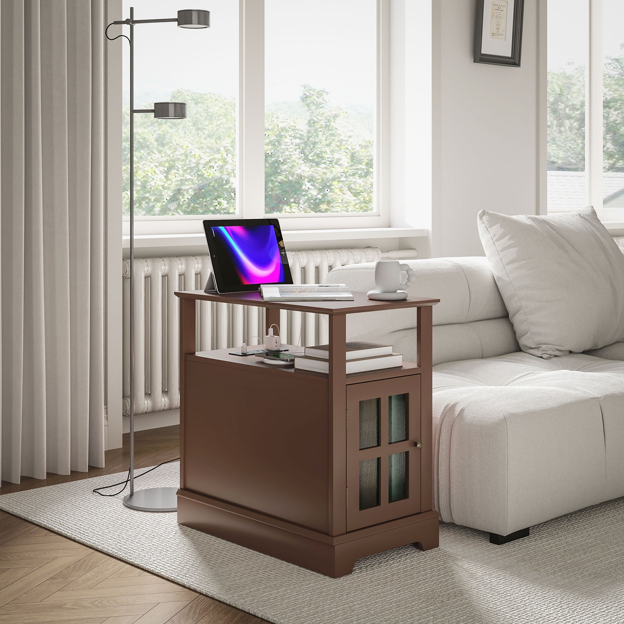 Narrow Side Table w/ Charging Station & USB Ports, End Table with Storage, Brown