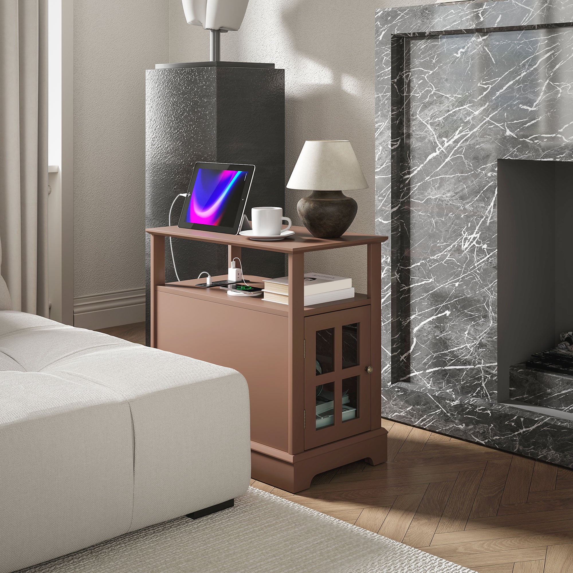 Narrow Side Table w/ Charging Station & USB Ports, End Table with Storage, Brown