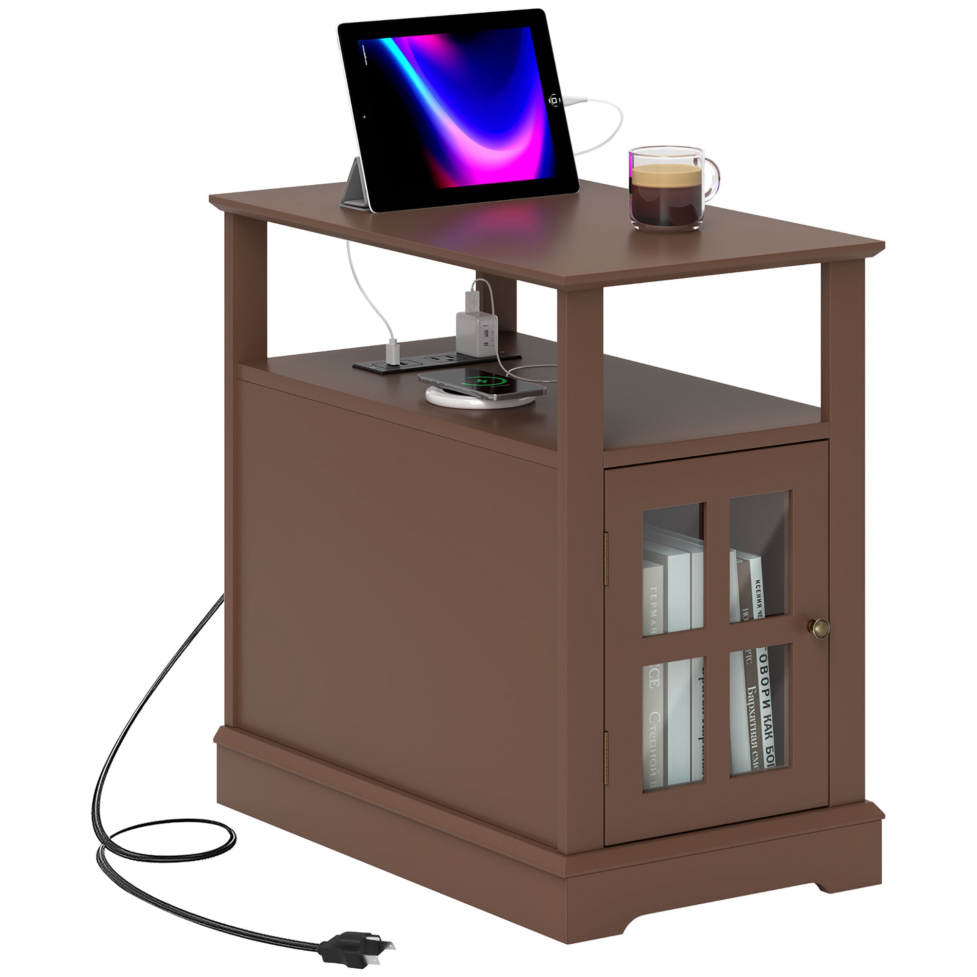 Narrow Side Table w/ Charging Station & USB Ports, End Table with Storage, Brown