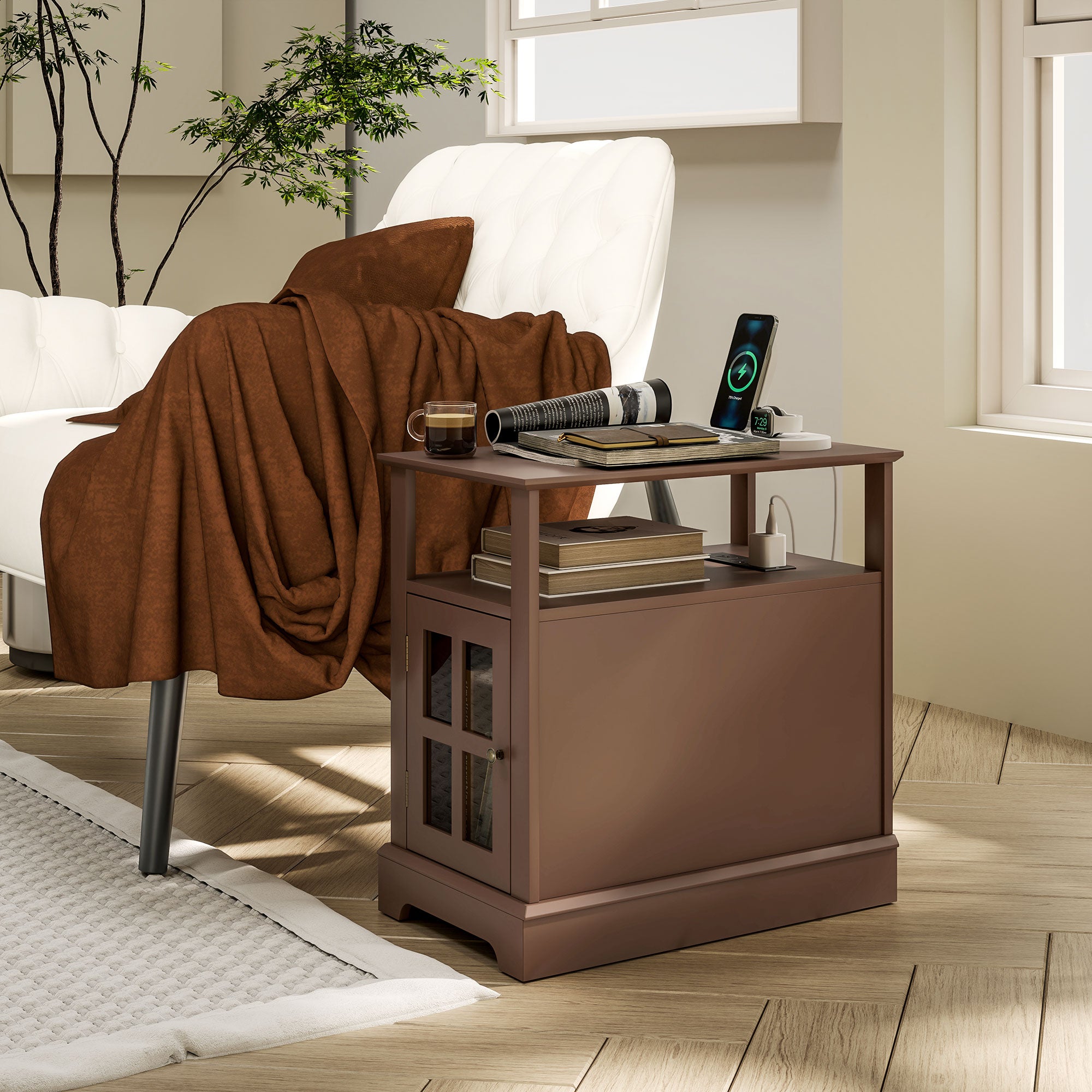 Narrow Side Table w/ Charging Station & USB Ports, End Table with Storage, Brown