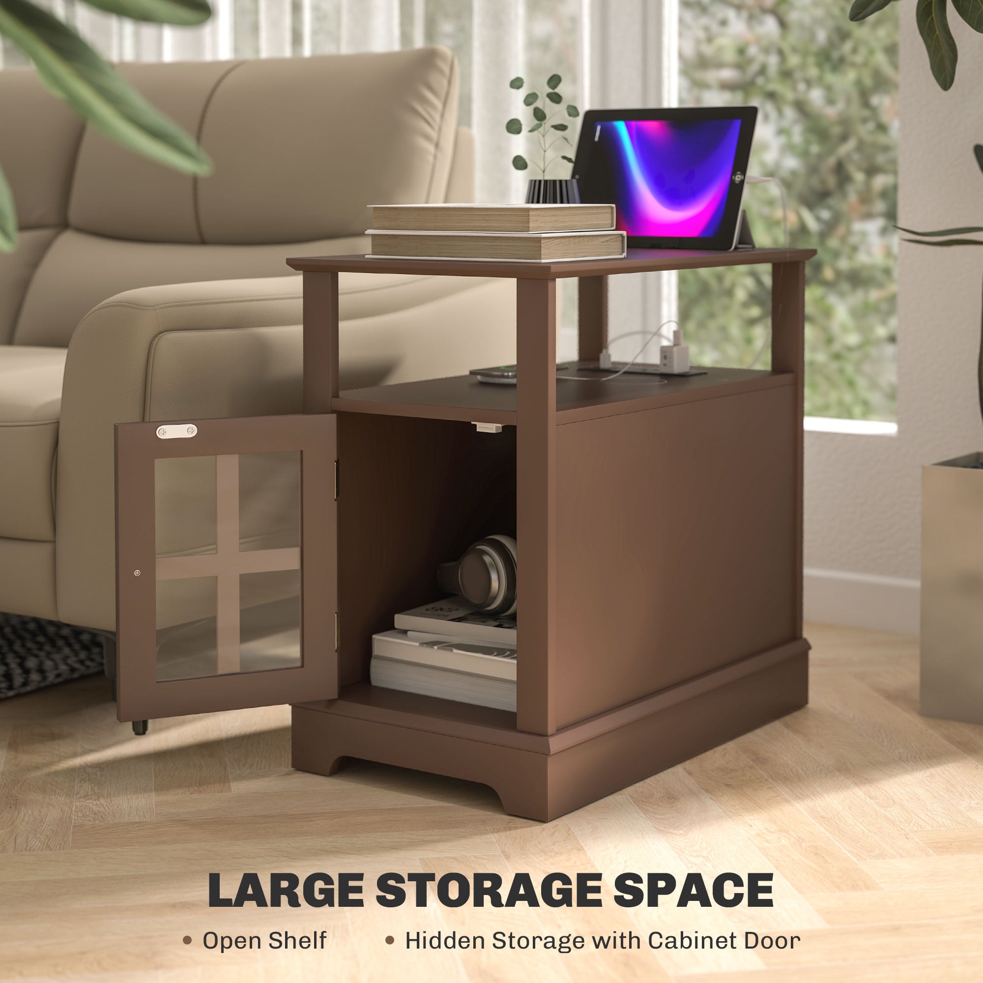 Narrow Side Table w/ Charging Station & USB Ports, End Table with Storage, Brown