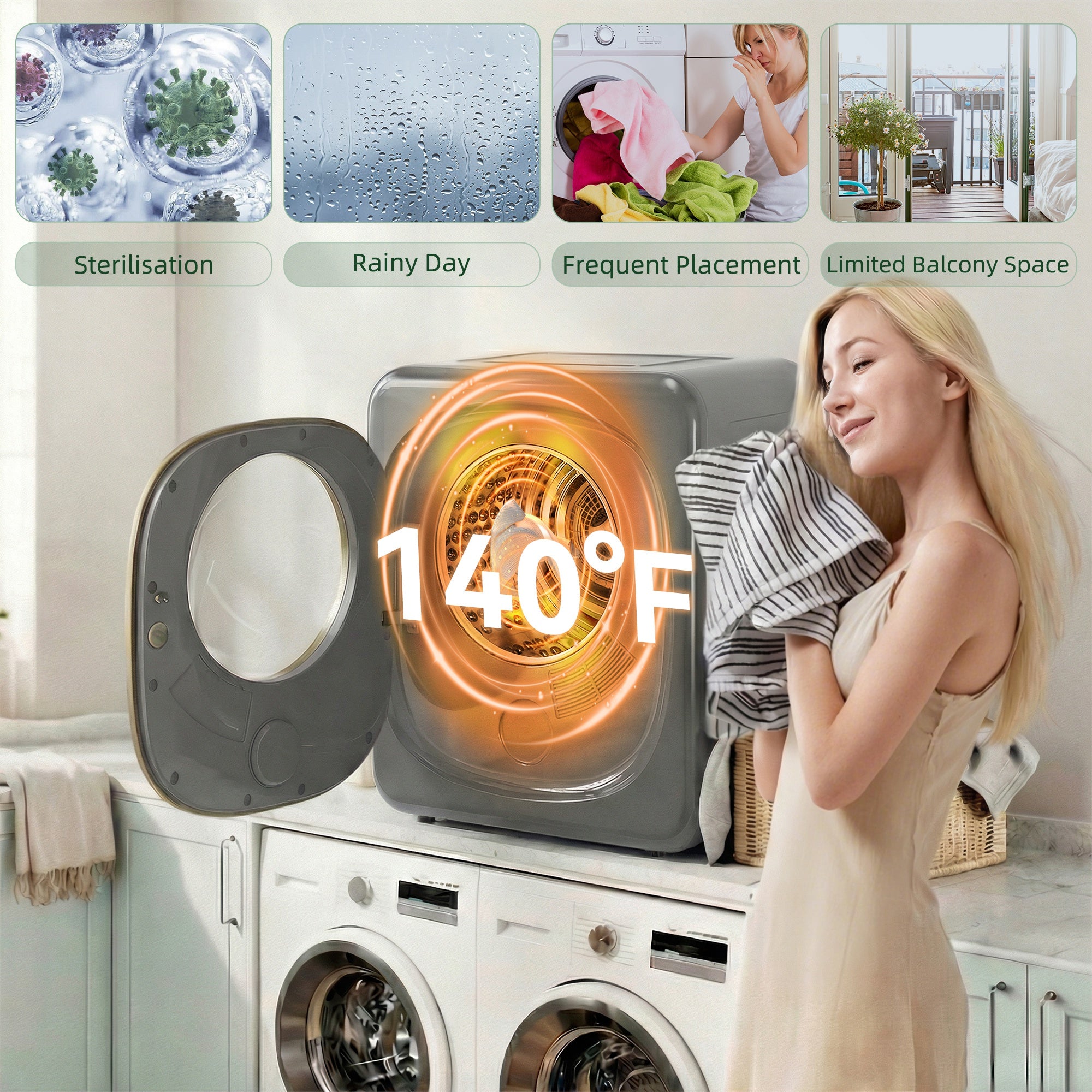 4kg Vented Tumble Dryer, 800W Compact Freestanding Front Tumble Dryer with 5 Drying Mode, Smart Sensor, Timer and Stainless Steel Tub, Wall-Mounted Portable Small Clothes Drying Machine, Grey