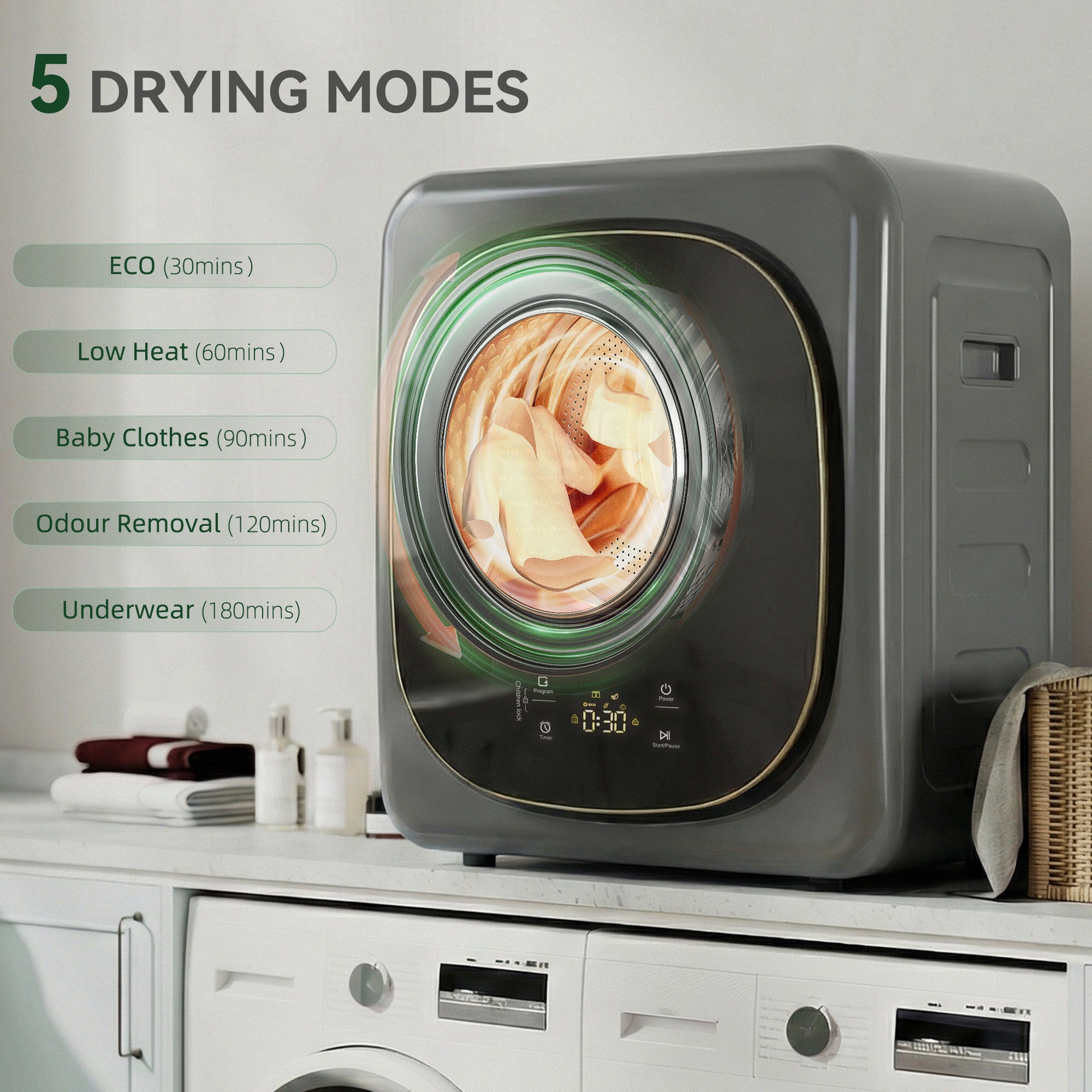 4kg Vented Tumble Dryer, 800W Compact Freestanding Front Tumble Dryer with 5 Drying Mode, Smart Sensor, Timer and Stainless Steel Tub, Wall-Mounted Portable Small Clothes Drying Machine, Grey