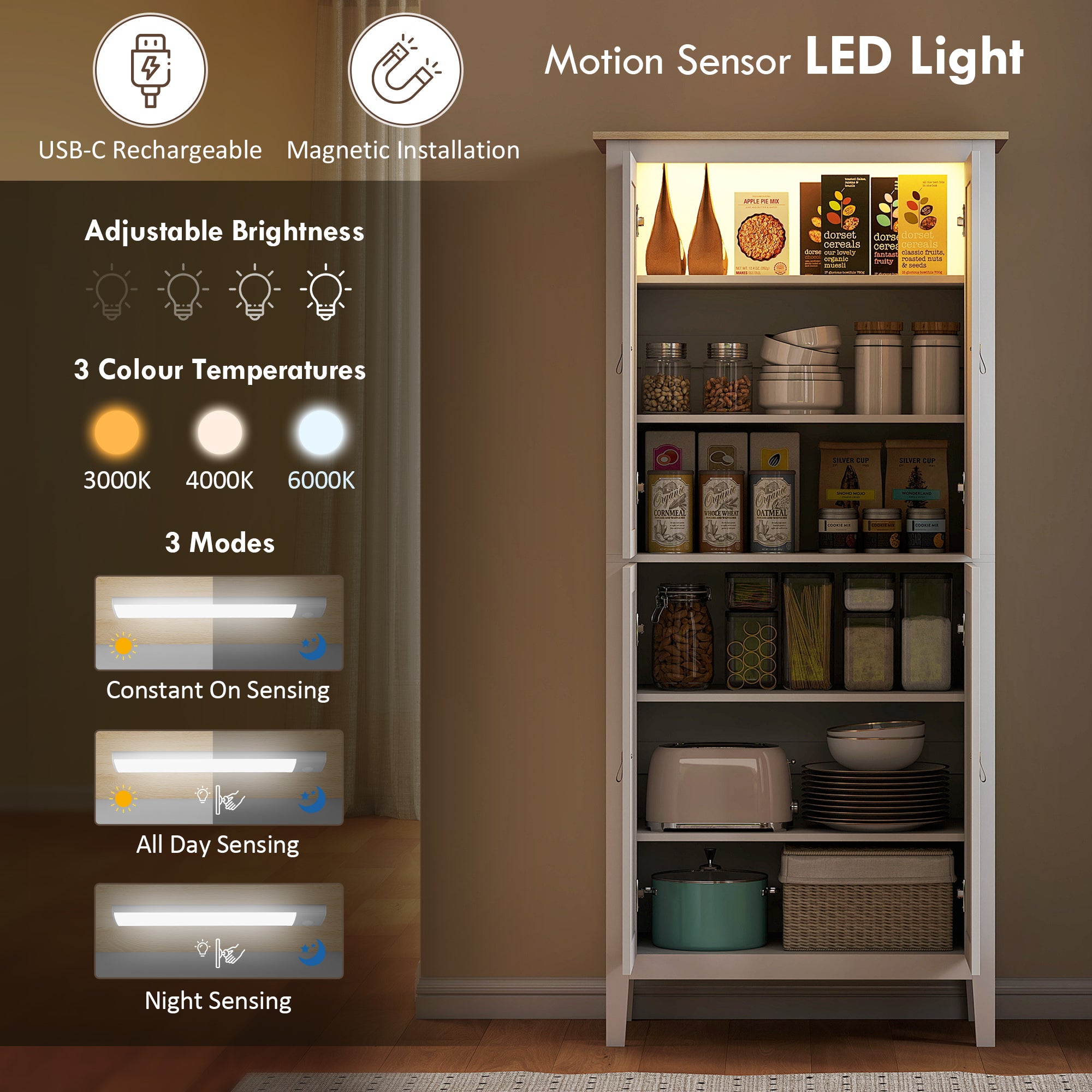 Tall Kitchen Cupboard with Motion Sensor LED Light, 3-Colour Dimmable Lighting, 177 cm Freestanding Storage Cabinet with Doors and Adjustable Shelves, White