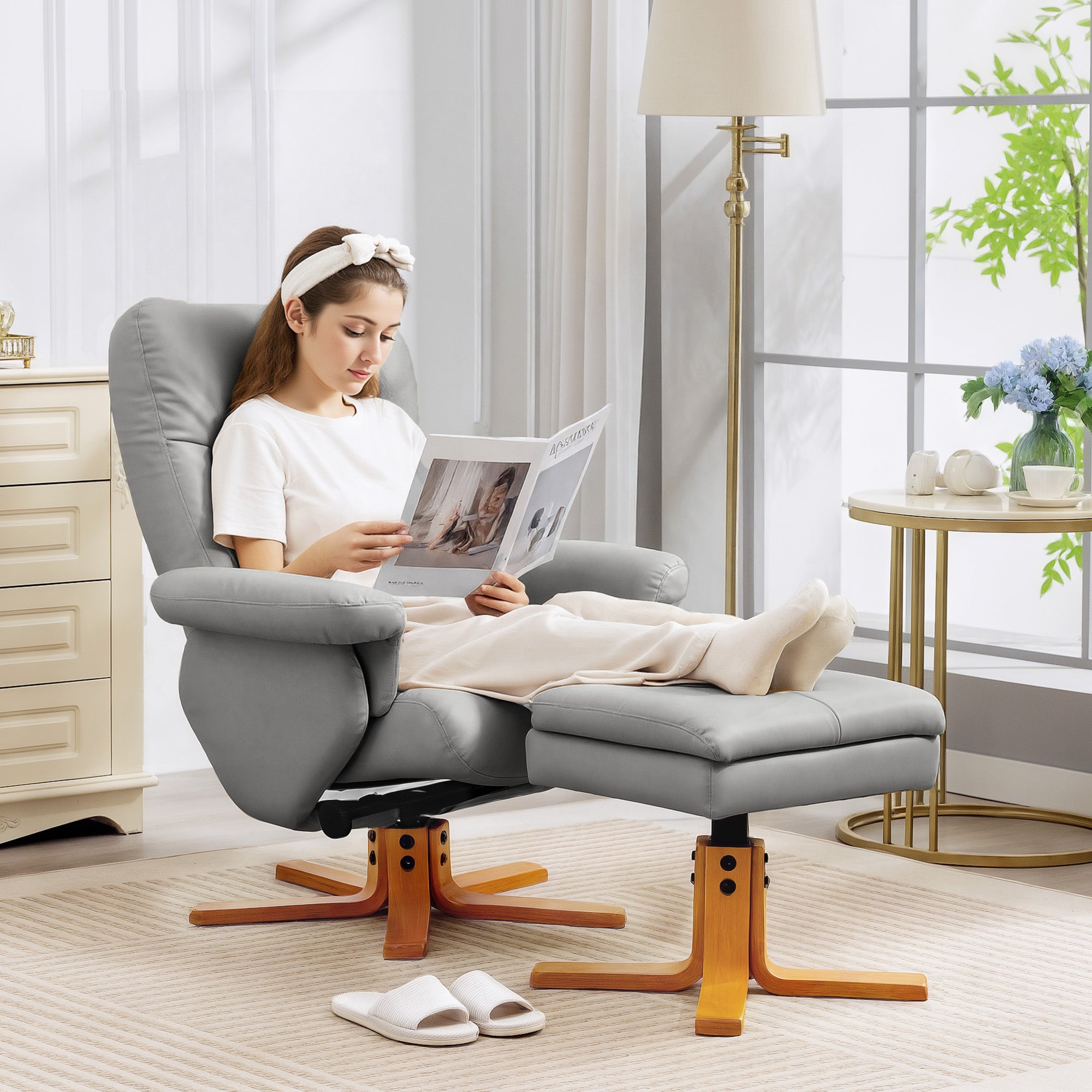 Recliner Armchair, Swivel Reclining Chair With Ottoman, Swivel Faux Leather Chair with Wooden Base and Storage Footstool for Living Room, Light Grey