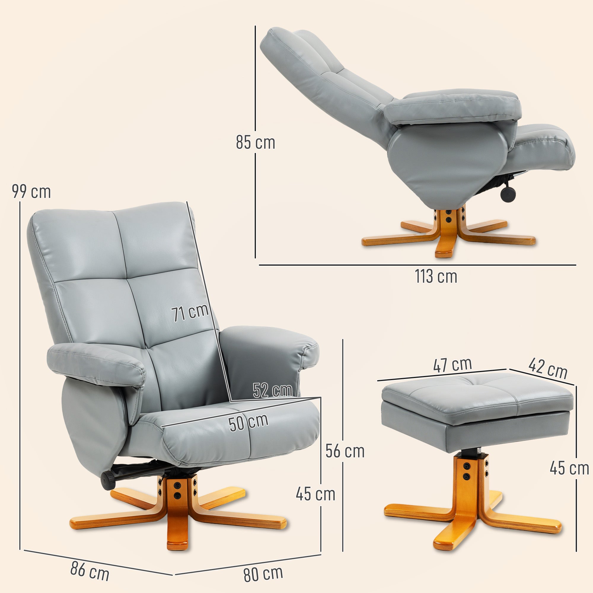 Recliner Armchair, Swivel Reclining Chair With Ottoman, Swivel Faux Leather Chair with Wooden Base and Storage Footstool for Living Room, Light Grey