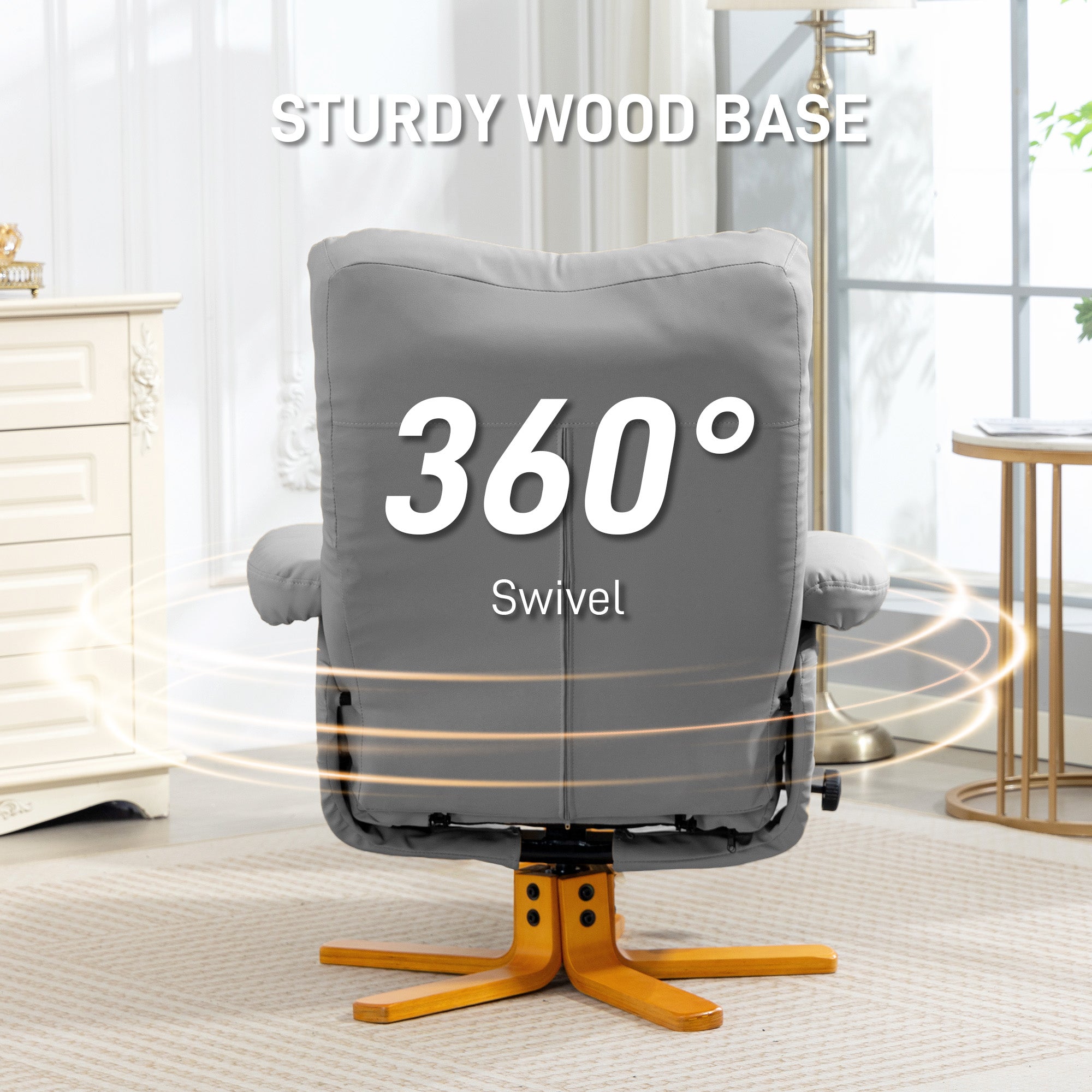 Recliner Armchair, Swivel Reclining Chair With Ottoman, Swivel Faux Leather Chair with Wooden Base and Storage Footstool for Living Room, Light Grey