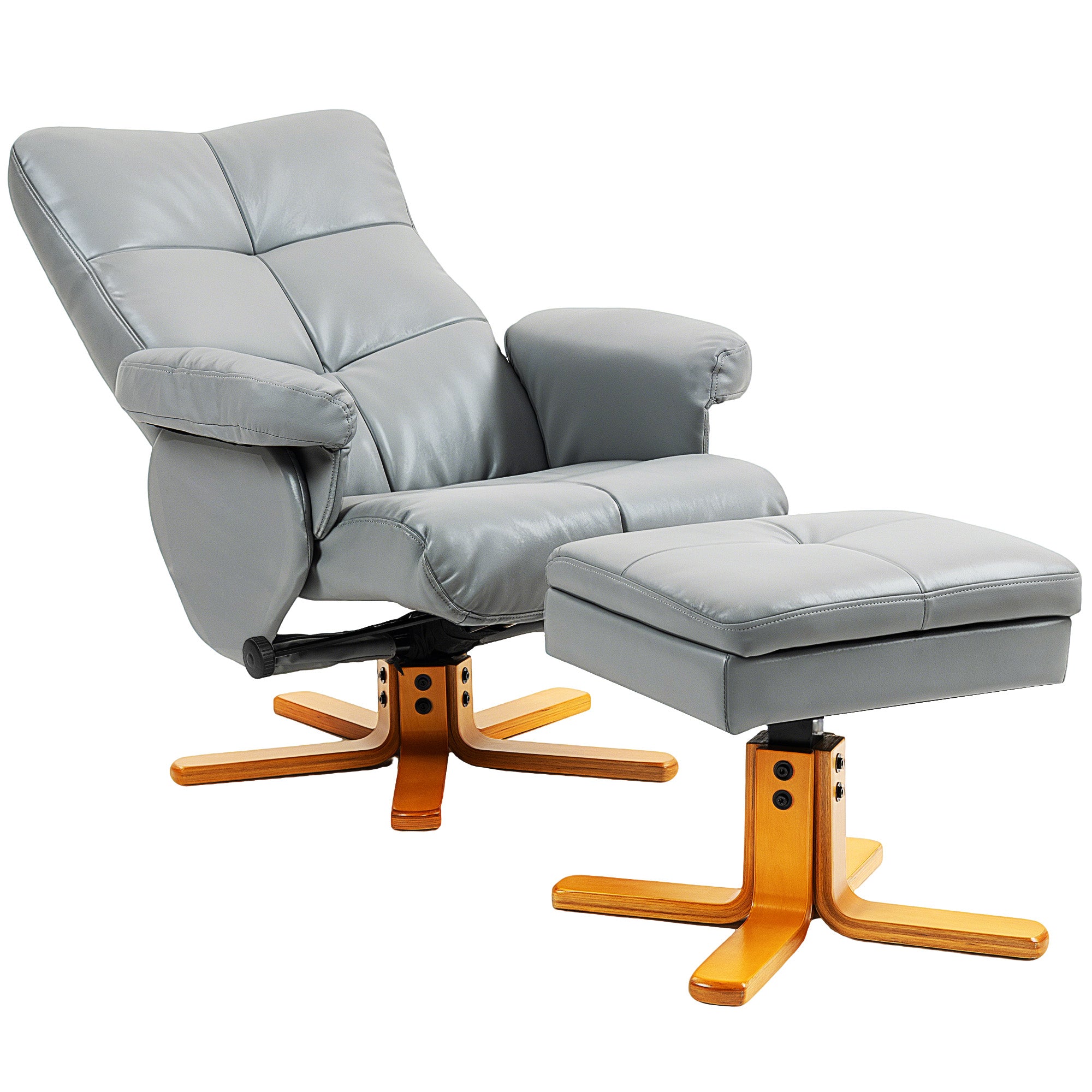 Recliner Armchair, Swivel Reclining Chair With Ottoman, Swivel Faux Leather Chair with Wooden Base and Storage Footstool for Living Room, Light Grey