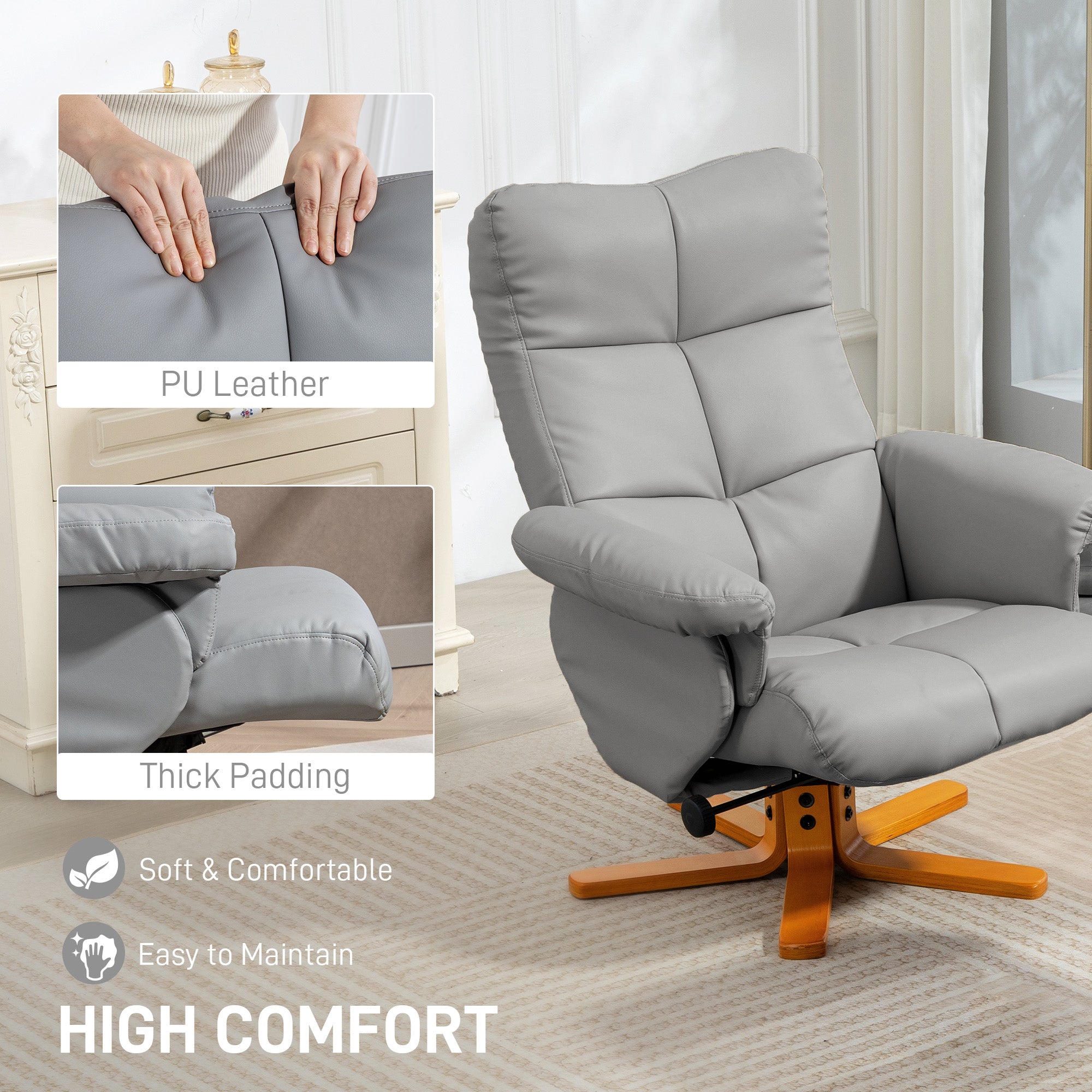 Recliner Armchair, Swivel Reclining Chair With Ottoman, Swivel Faux Leather Chair with Wooden Base and Storage Footstool for Living Room, Light Grey