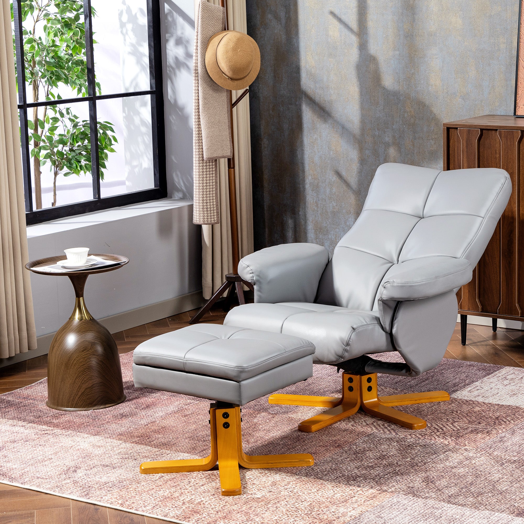 Recliner Armchair, Swivel Reclining Chair With Ottoman, Swivel Faux Leather Chair with Wooden Base and Storage Footstool for Living Room, Light Grey