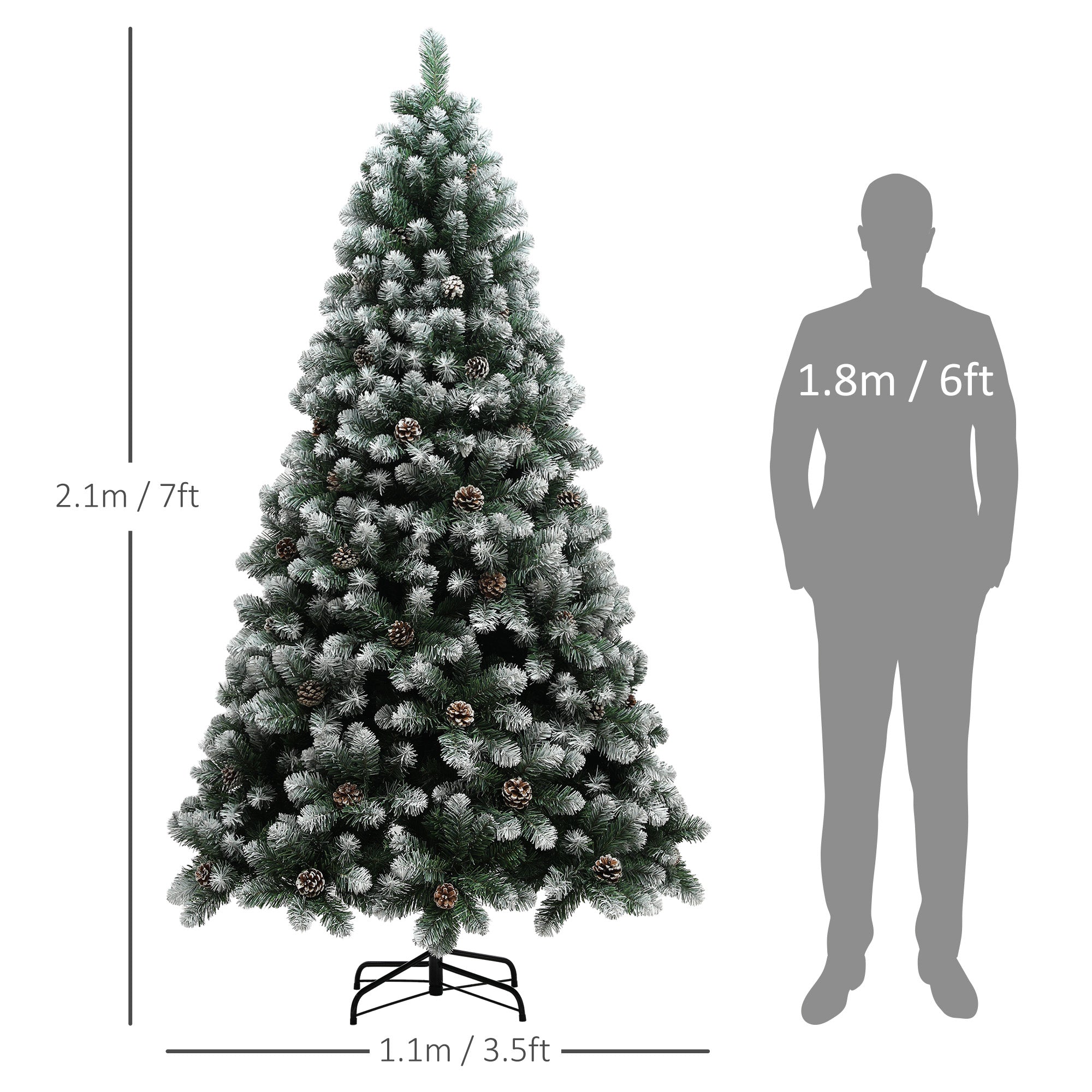 7ft Artificial Pine Christmas Tree with 1152 Branch Tips and Steel Base, Realistic Hinged Tree with Pinecones, Holiday Décor for Home Office, Green