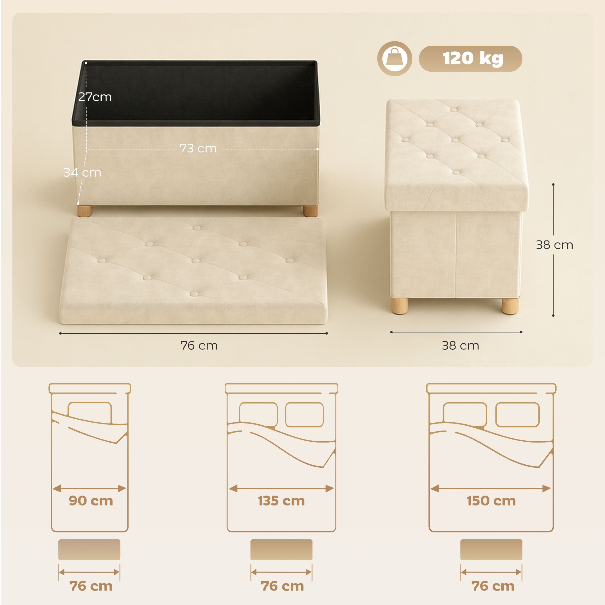 Storage Ottoman Bench, Velvet Upholstered Foldable Ottoman Footrest, Foot Stool with Wood Legs for Living Room, Bedroom, Entryway, Cream White