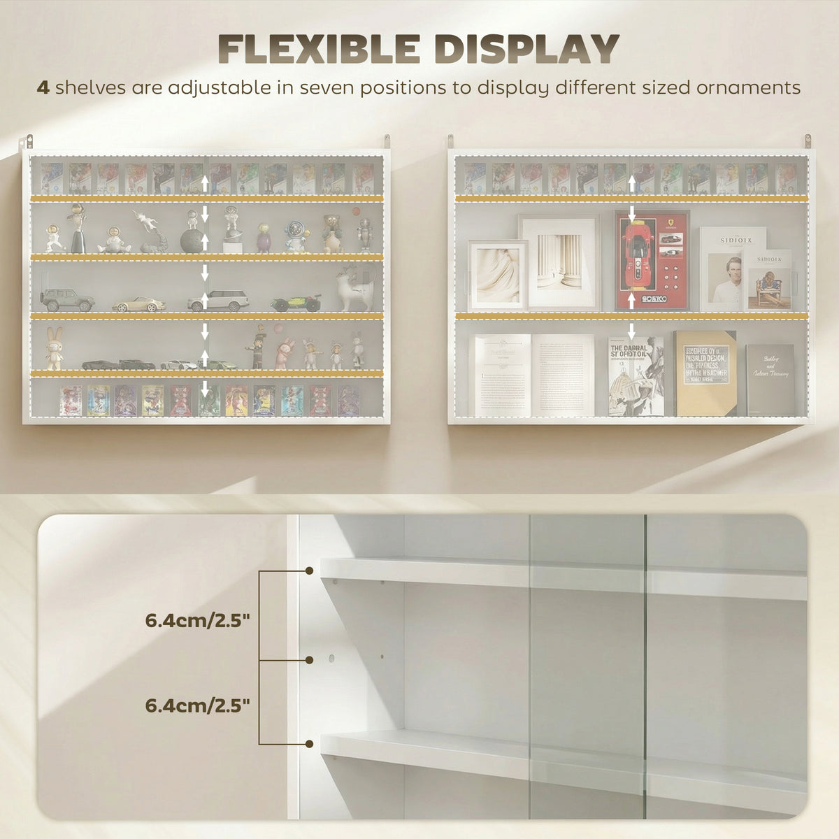 5-Storey Wall Shelf Display Cabinet, Shot Glass Display Case, Glass Curio Cabinet with 2 Glass Doors and 4 Adjustable Shelves, White