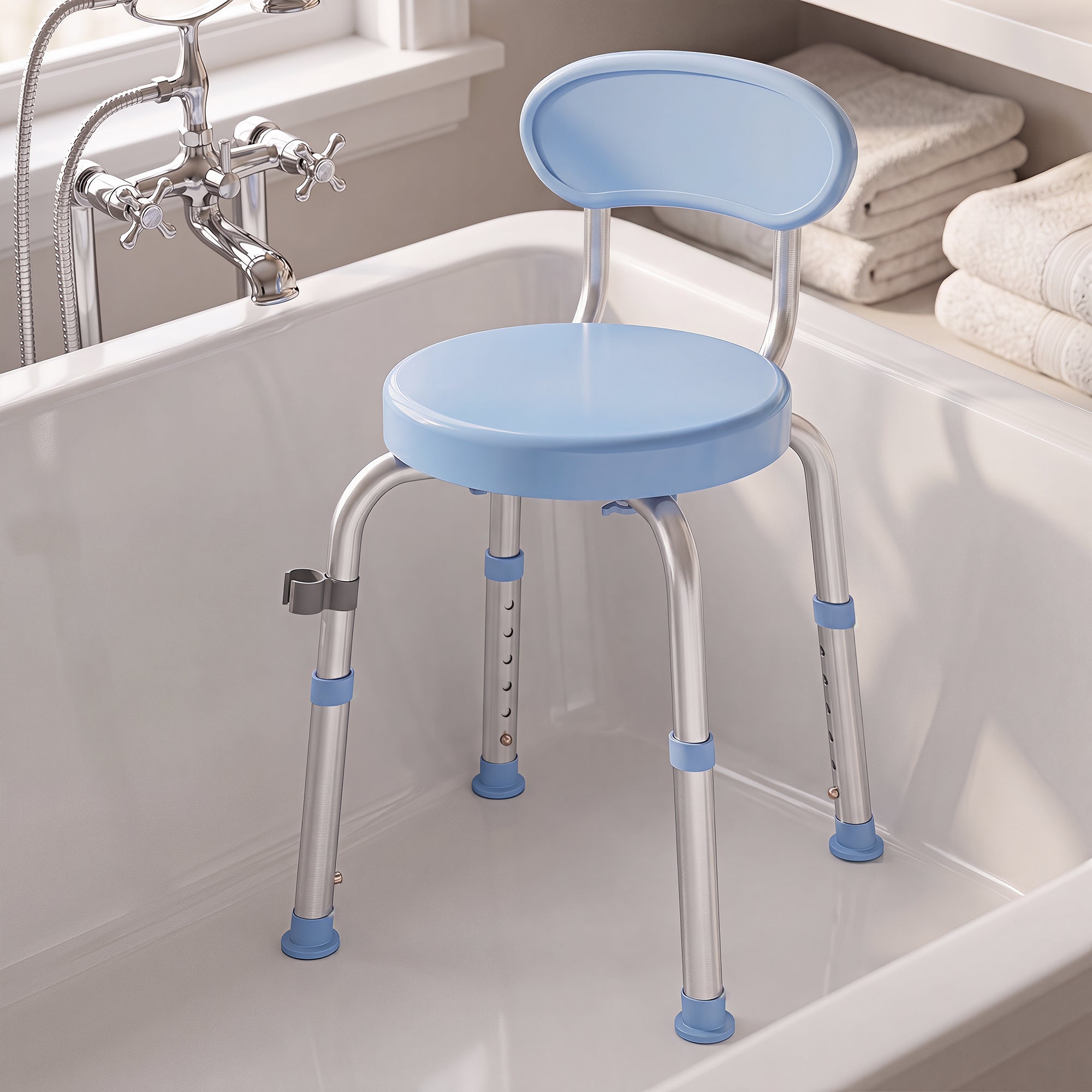 360° Swivel Shower Stool, Rotating Round Bath Seat Chair with Aluminium Frame, 5-Level Adjustable Height and Backrest, Non-Slip Shower Chair for Elderly, Disabled & Post-Surgery