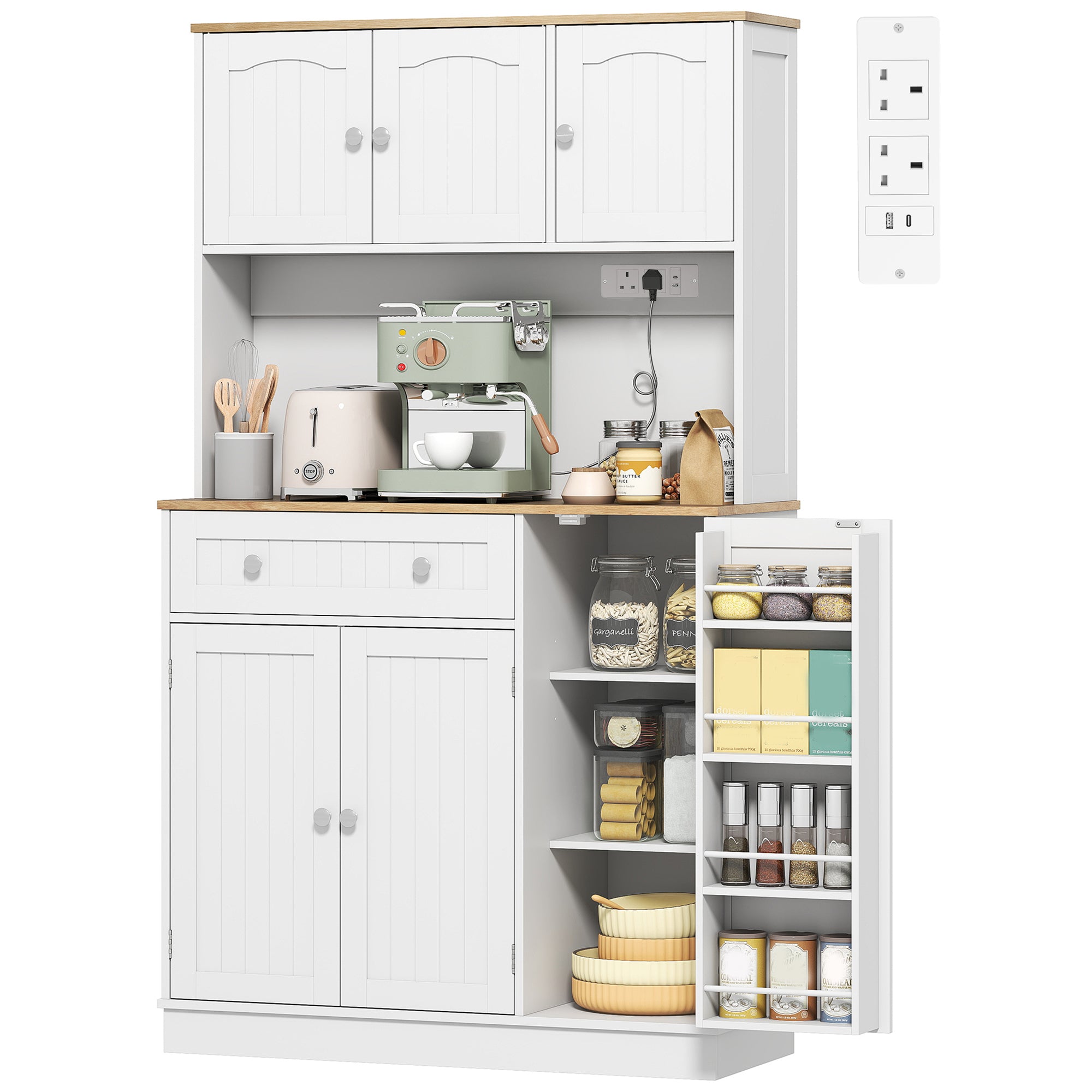 173 cm Tall Kitchen Cupboard with Charging Station, Pantry Storage Cabinet with Microwave Stand, Adjustable Shelves, 4 Door Racks, Farmhouse Kitchen Cabinet for Dining Room, White