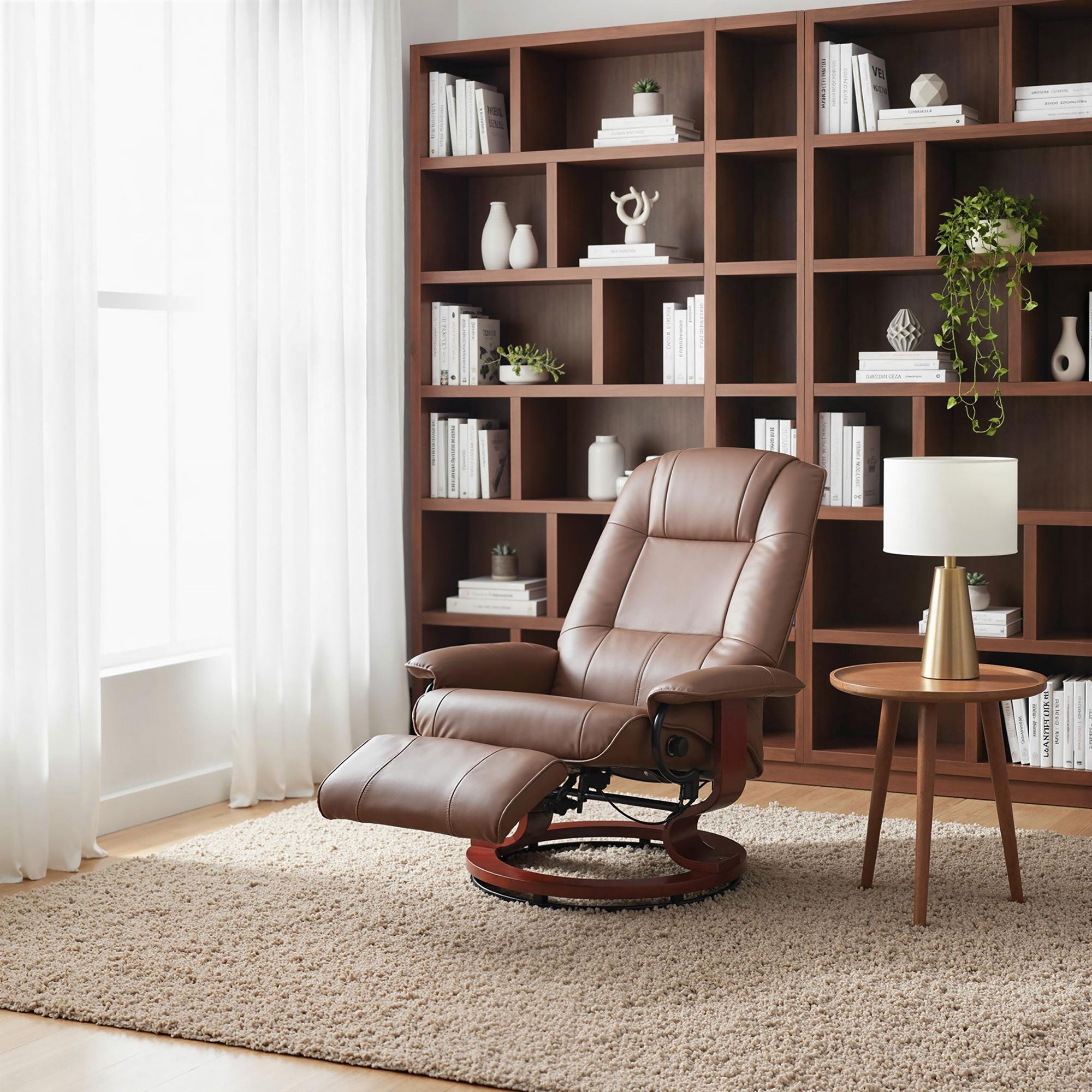 Manual Recliner Chair with Faux Leather Upholstered & Wooden Base for Living Room, Brown - HOMCOM