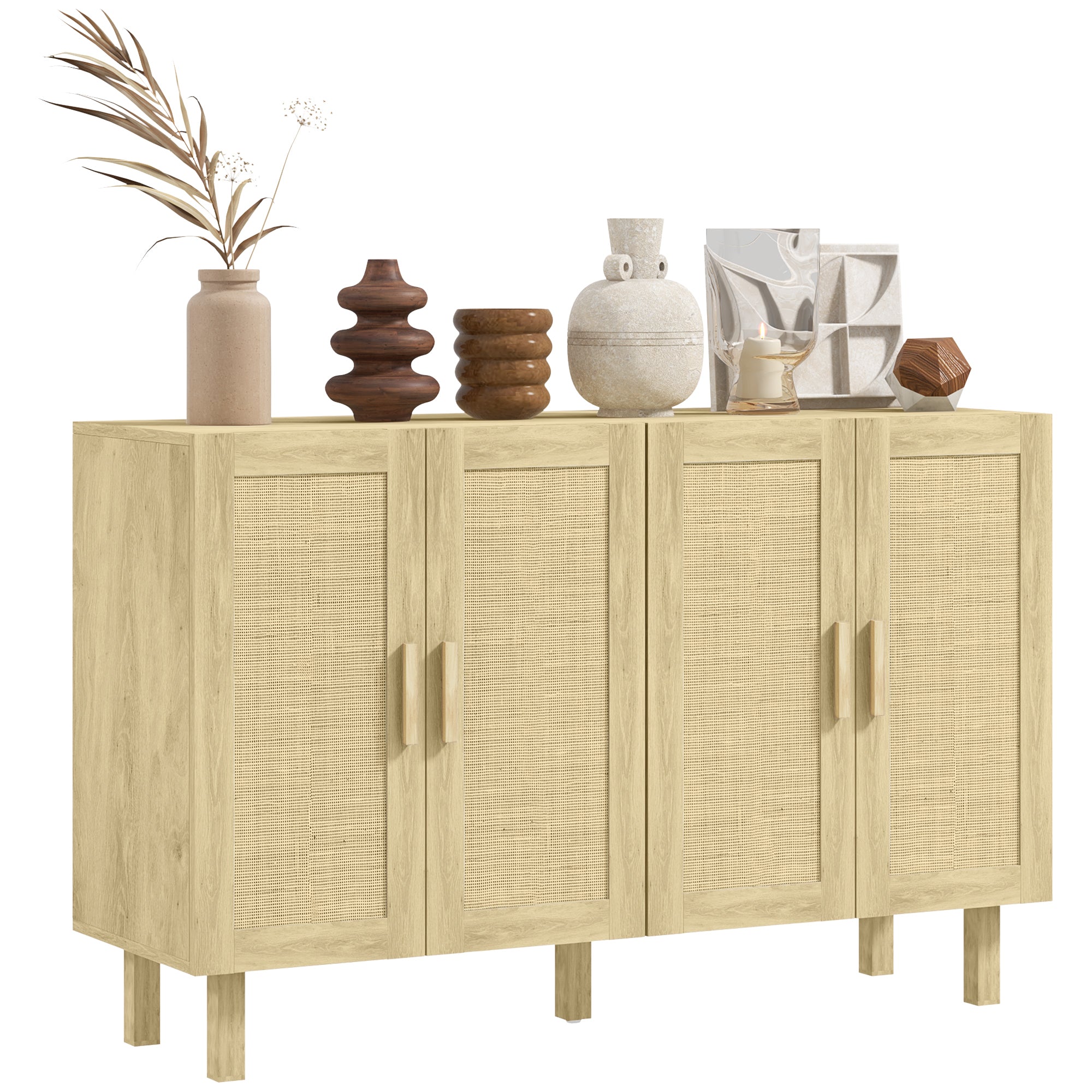 Boho Kitchen Buffet Cabinet with 4 Rattan Doors and Adjustable Shelves, Natural