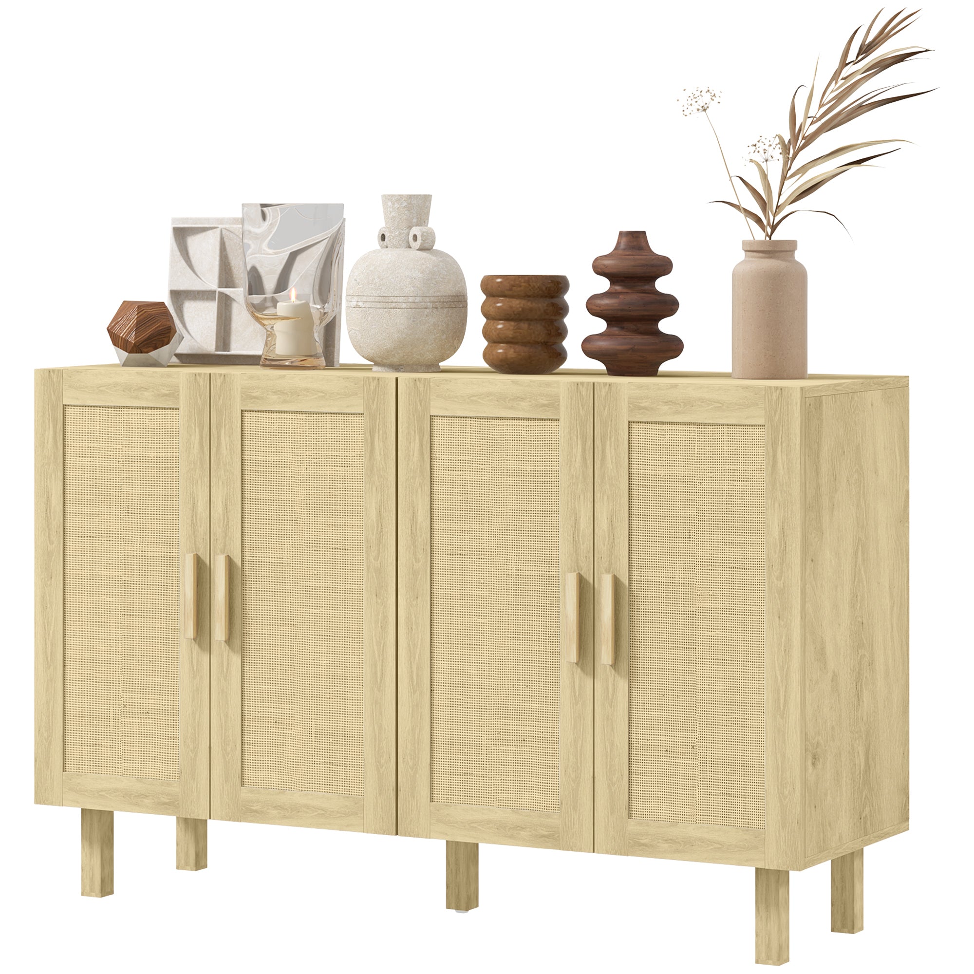Boho Kitchen Buffet Cabinet with 4 Rattan Doors and Adjustable Shelves, Natural