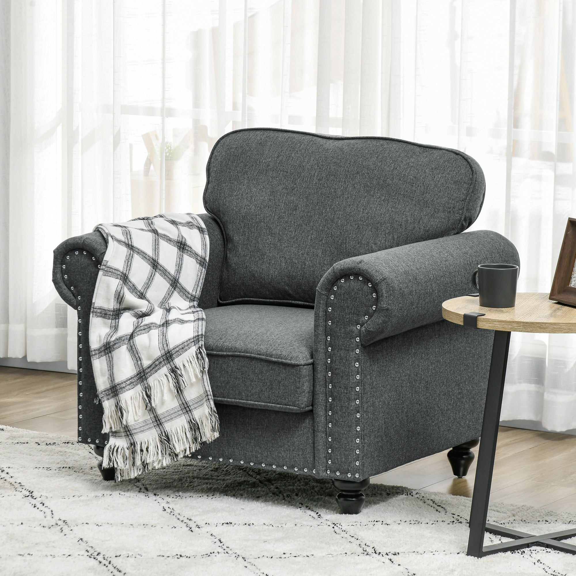 HOMCOM Fabric Accent Chair with Nailhead Trim Rolled Arms and Slatted Wood Frame, Upholstered Lounge Chair for Living Room, Bedroom, Home Office, Charcoal Grey