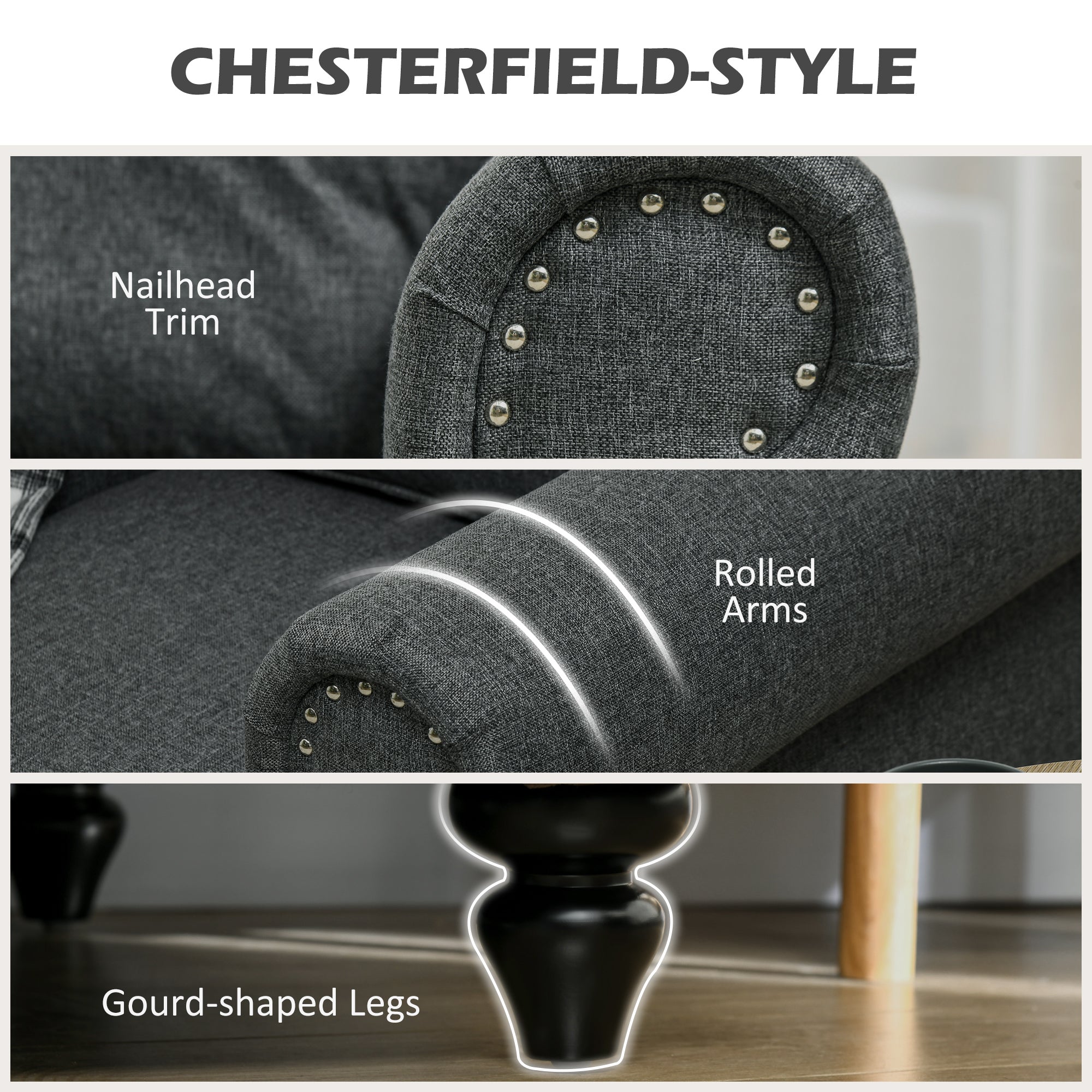 HOMCOM Fabric Accent Chair with Nailhead Trim Rolled Arms and Slatted Wood Frame, Upholstered Lounge Chair for Living Room, Bedroom, Home Office, Charcoal Grey