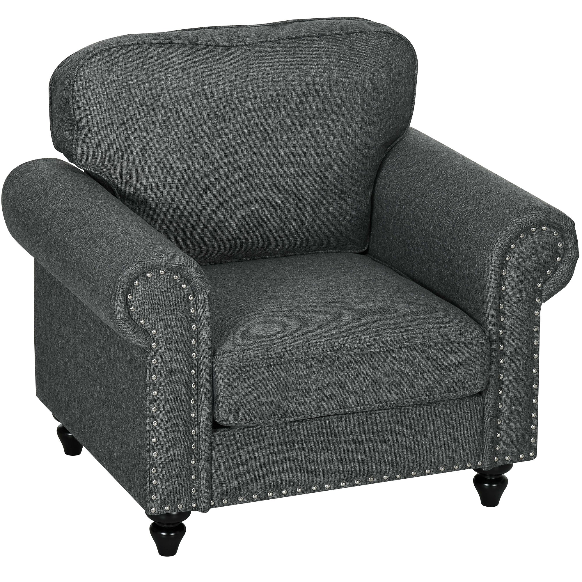 HOMCOM Fabric Accent Chair with Nailhead Trim Rolled Arms and Slatted Wood Frame, Upholstered Lounge Chair for Living Room, Bedroom, Home Office, Charcoal Grey