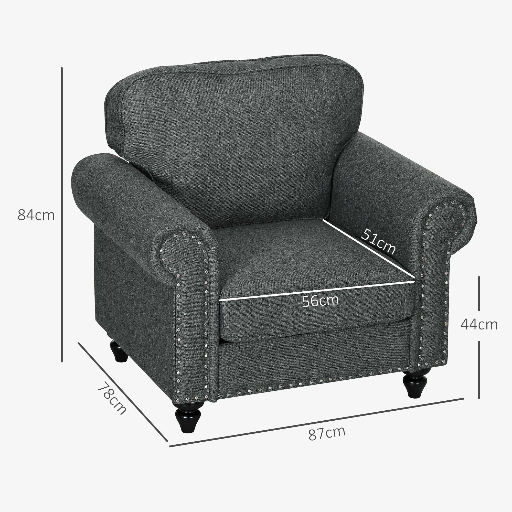 HOMCOM Fabric Accent Chair with Nailhead Trim Rolled Arms and Slatted Wood Frame, Upholstered Lounge Chair for Living Room, Bedroom, Home Office, Charcoal Grey