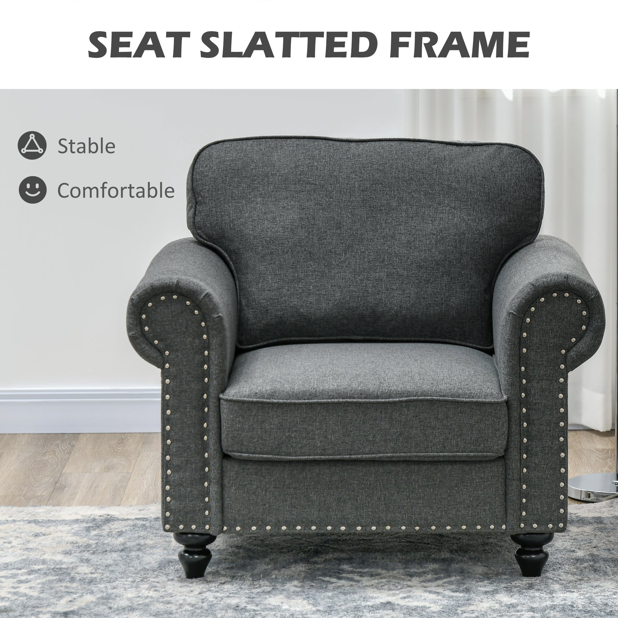 HOMCOM Fabric Accent Chair with Nailhead Trim Rolled Arms and Slatted Wood Frame, Upholstered Lounge Chair for Living Room, Bedroom, Home Office, Charcoal Grey