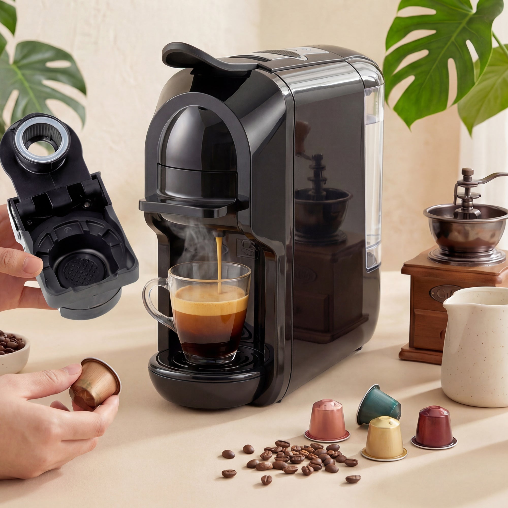 Pod Coffee Machine for Nespresso Original, Dolce Gusto Capsule and Ground Coffee, Small Semi Automatic Coffee Maker with 19 Bar Pump and 0.6L Water Tank for Home Office, Black