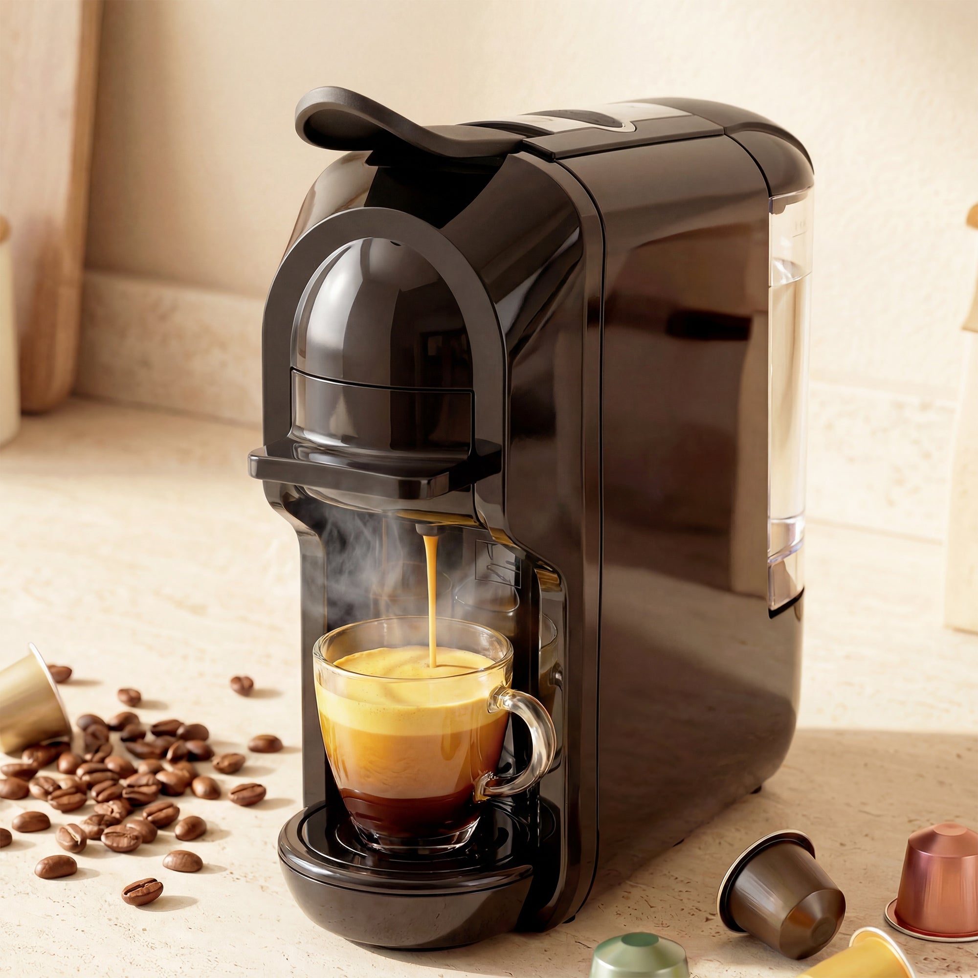 Pod Coffee Machine for Nespresso Original, Dolce Gusto Capsule and Ground Coffee, Small Semi Automatic Coffee Maker with 19 Bar Pump and 0.6L Water Tank for Home Office, Black