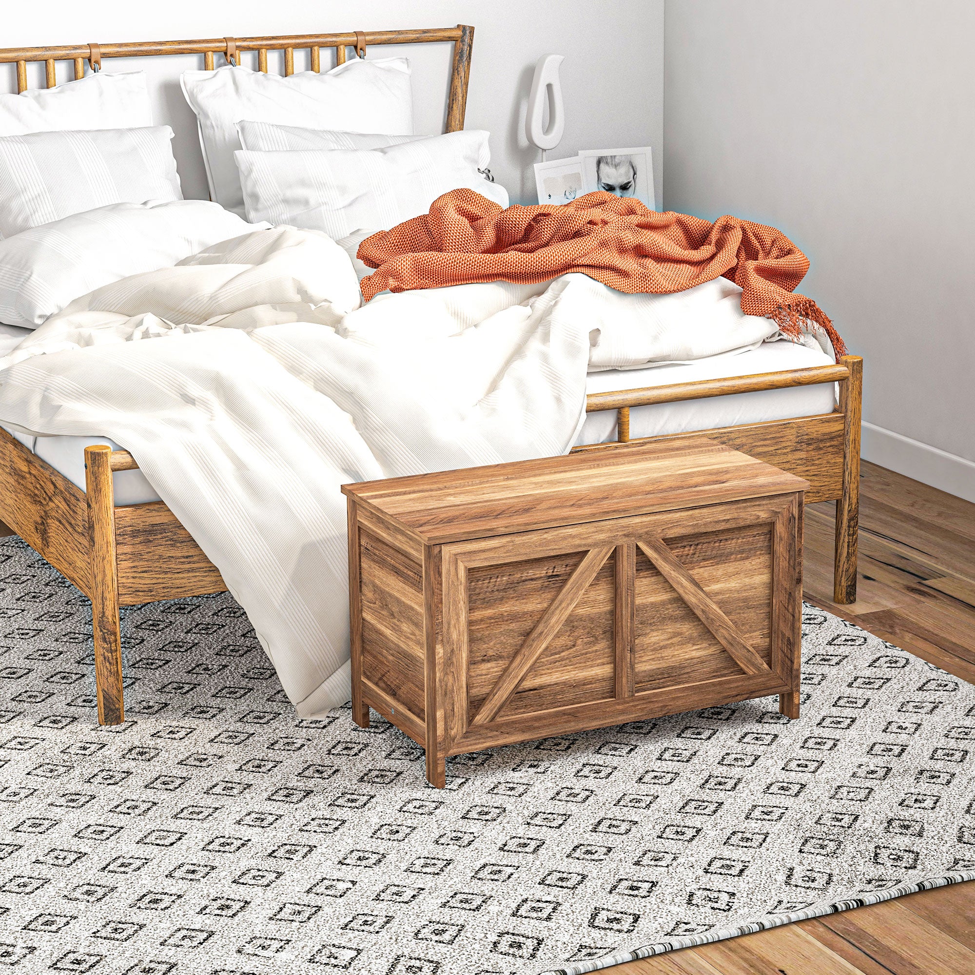 Farmhouse Lift Top Box Organizer with Safety Hinge for Bedroom, Brown Oak