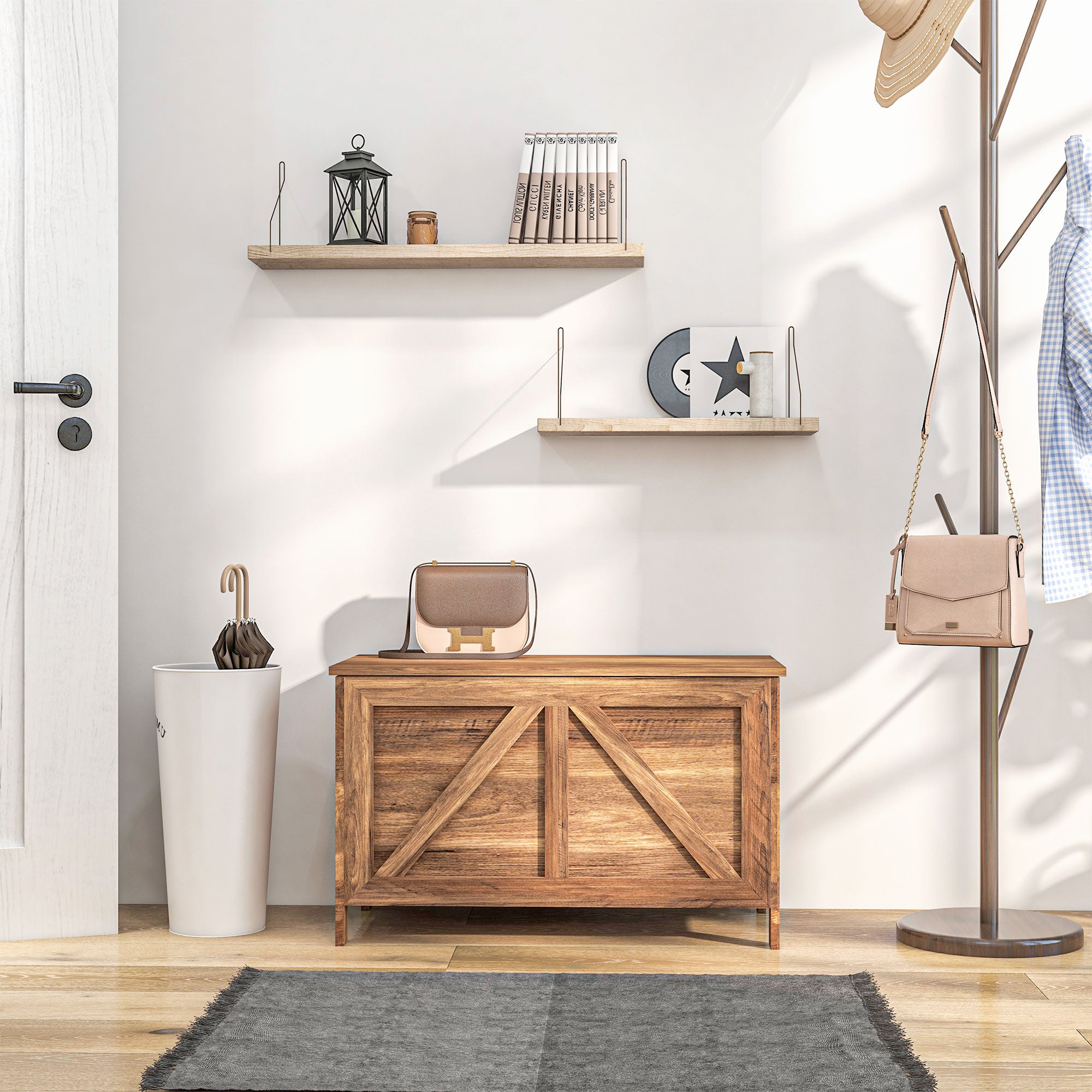 Farmhouse Lift Top Box Organizer with Safety Hinge for Bedroom, Brown Oak