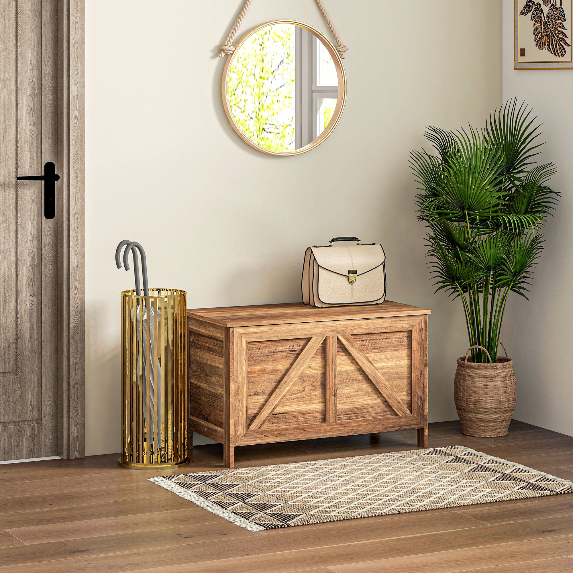 Farmhouse Lift Top Box Organizer with Safety Hinge for Bedroom, Brown Oak