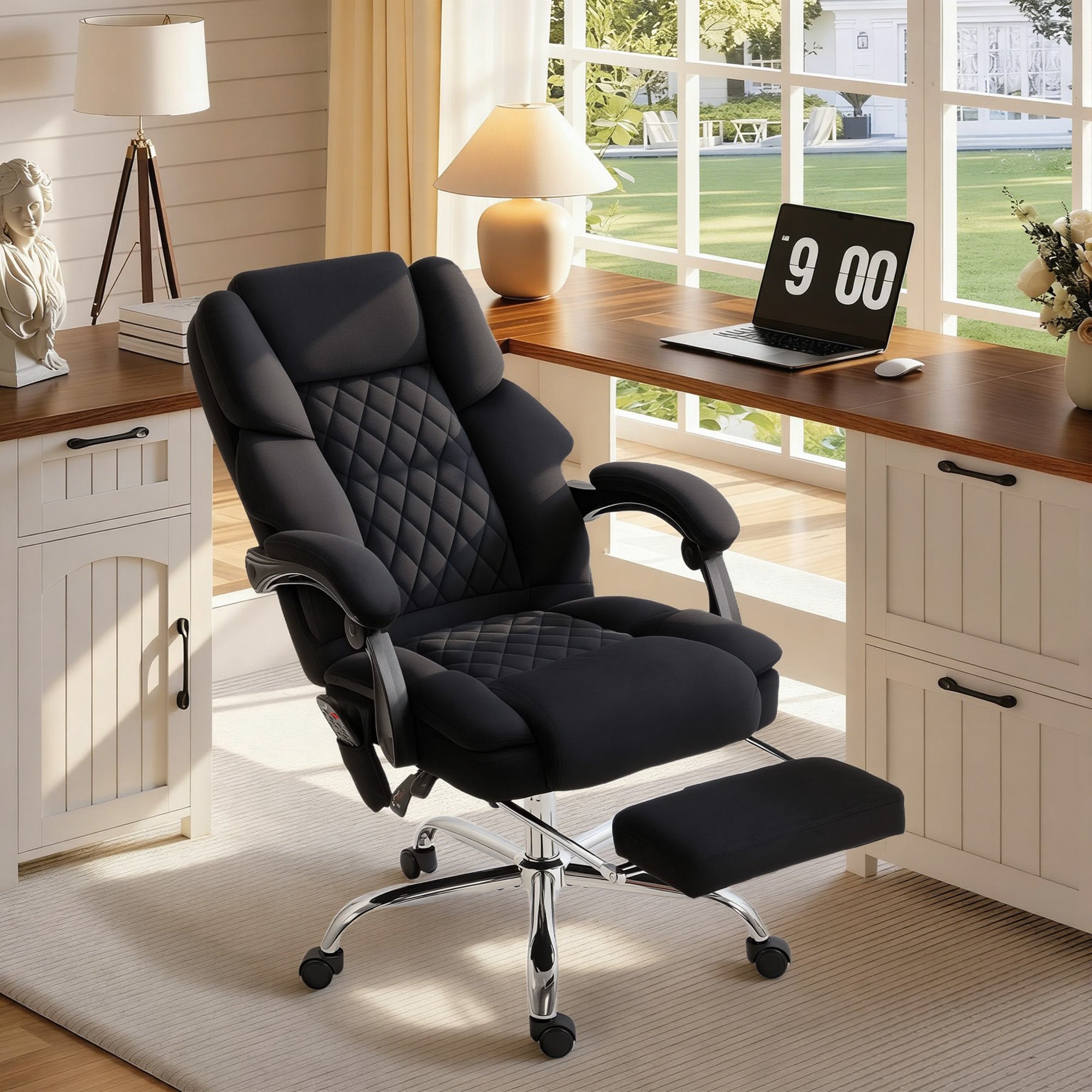 Office Chair with 6-point Vibration Massage and Heat, Velvet-feel Fabric Desk Chair with Footrest, Linkage Armrests, High Back, Adjustable Height, 135° Reclining for Home Office, Black