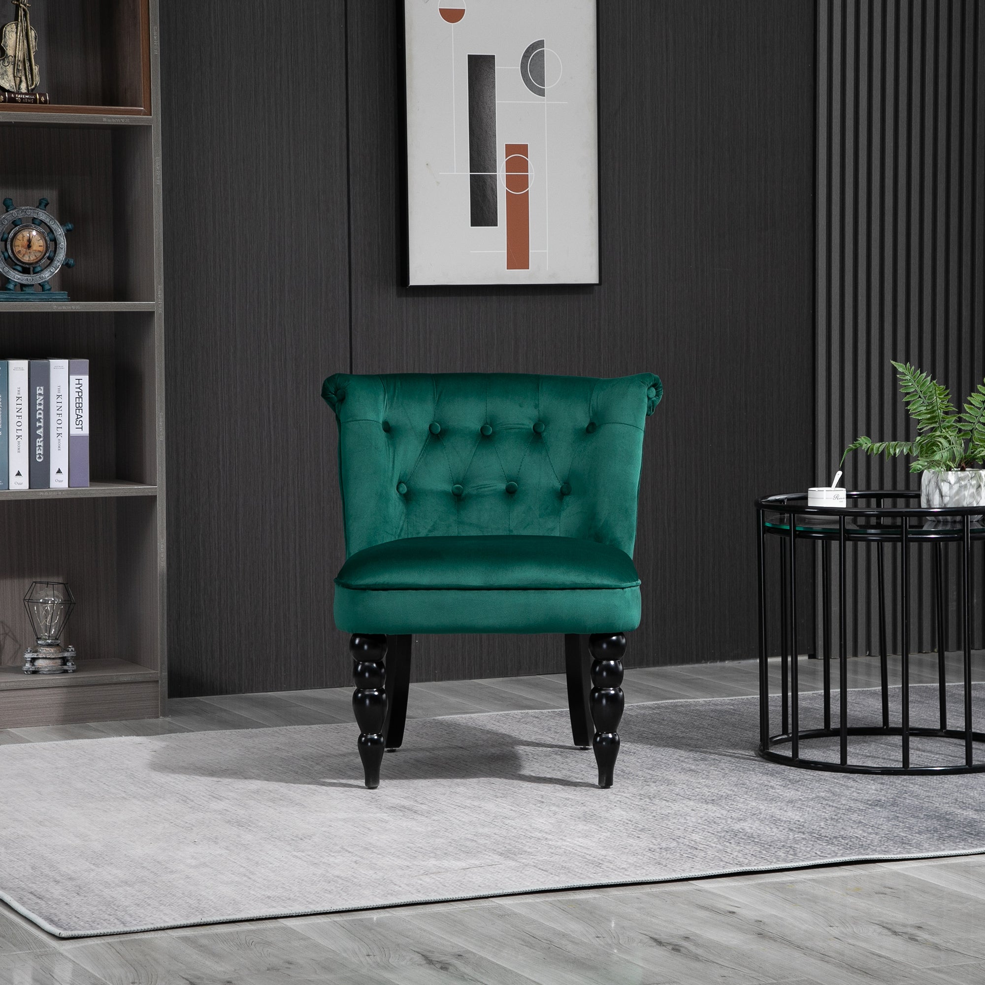 HOMCOM Velvet Accent Chair, Button Tufted Wingback Chair with Rubber Wood Legs for Living Room, Bedroom, Dark Green